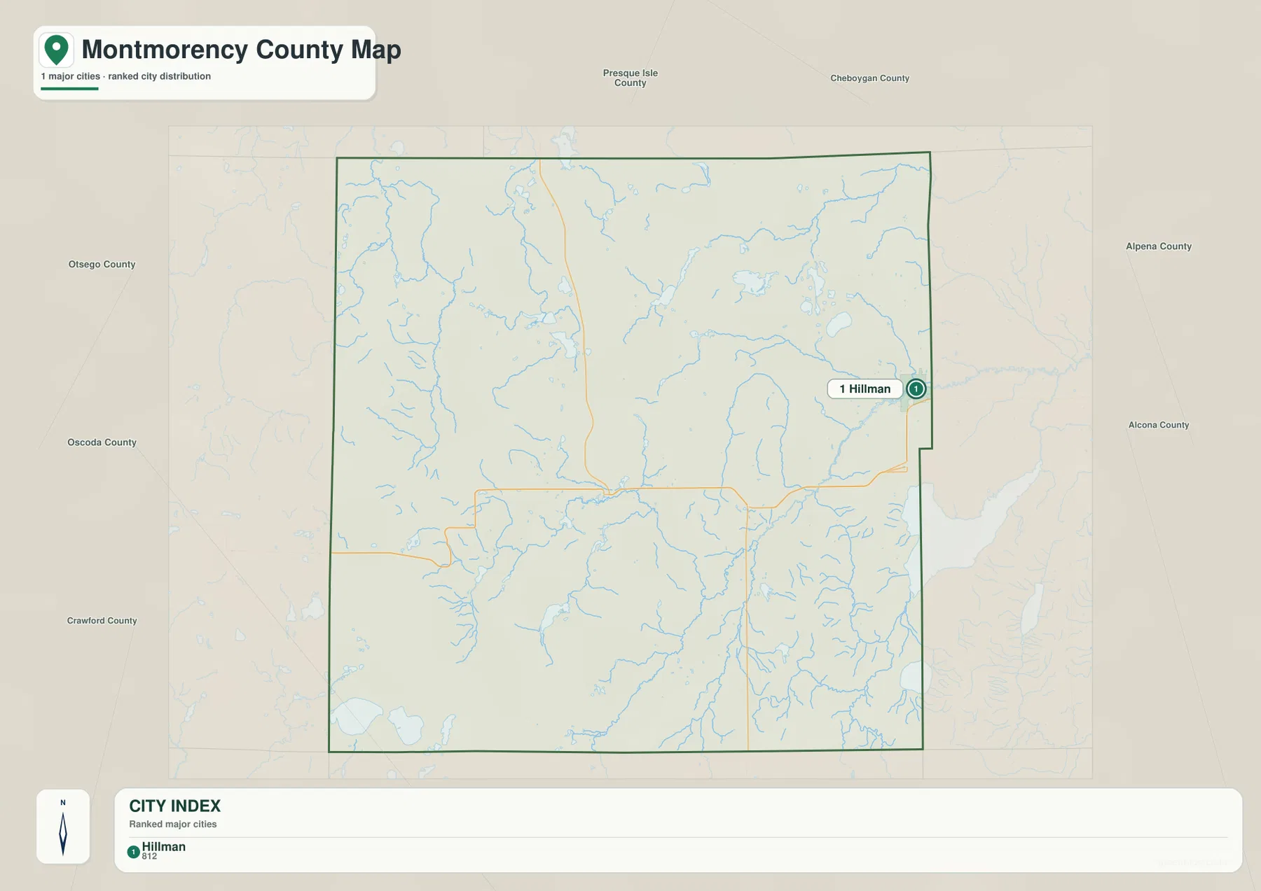 Hillman을 주요 도시 인덱스로 표시하고 Montmorency County 경계와 주변 카운티를 함께 보여 주는 도시 지도