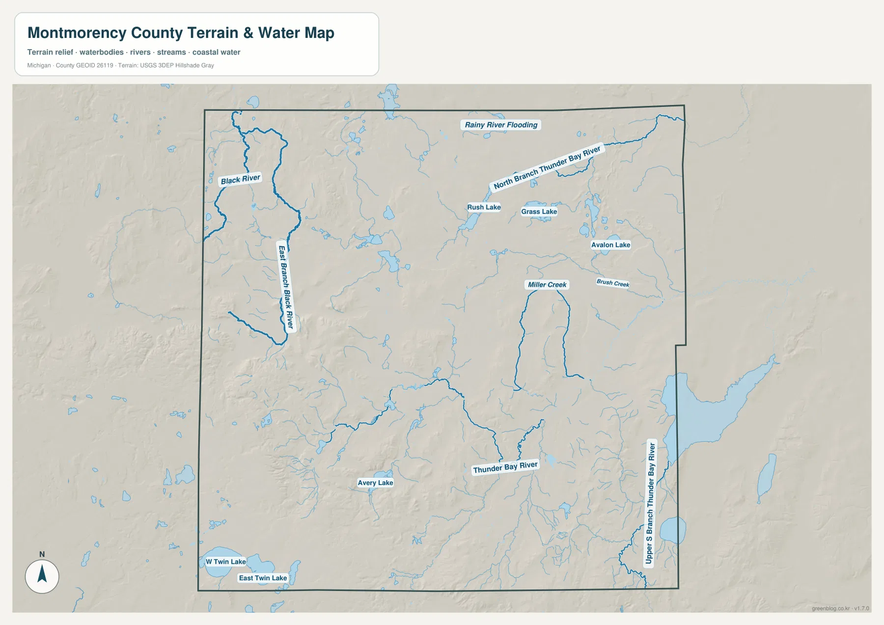 Thunder Bay River, North Branch Thunder Bay River, Black River와 여러 호수를 표시한 Montmorency County 수역 지도