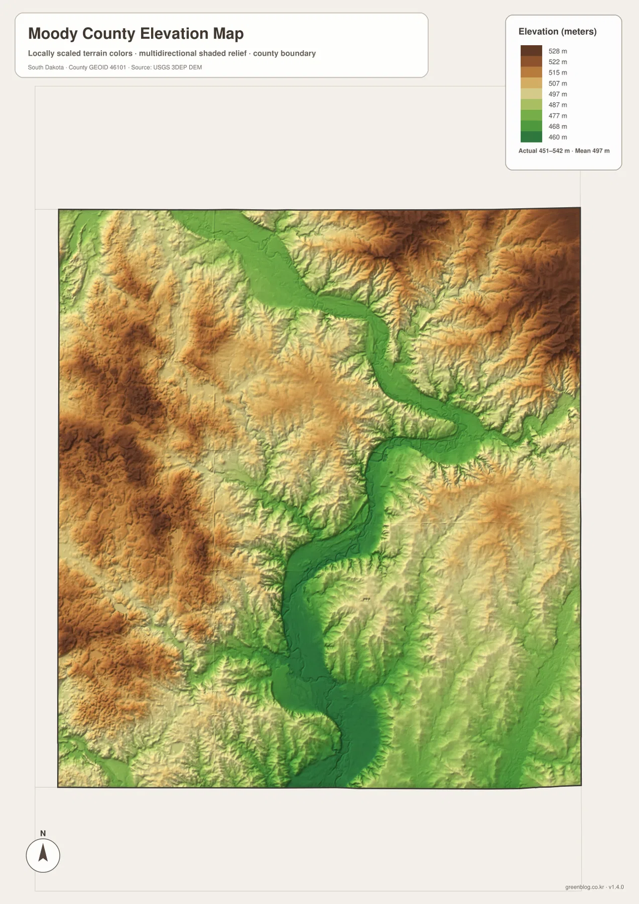 Moody County South Dakota elevation map showing about 451 to 542 meters, a low Big Sioux River valley and higher western and northeastern terrain