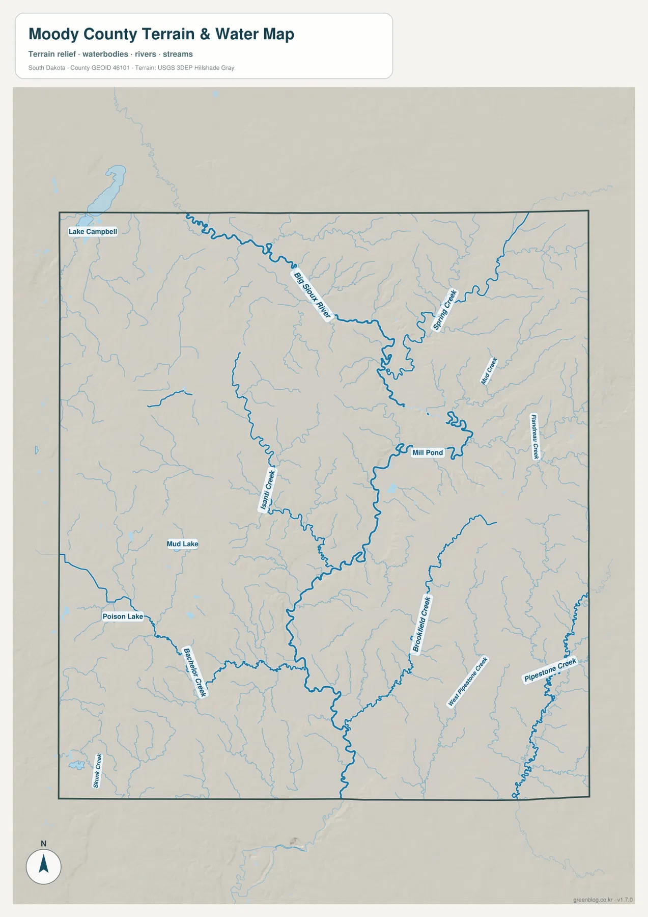 Moody County water map showing Big Sioux River, Smith Creek, Israel Creek, Brookfield Creek and several lakes