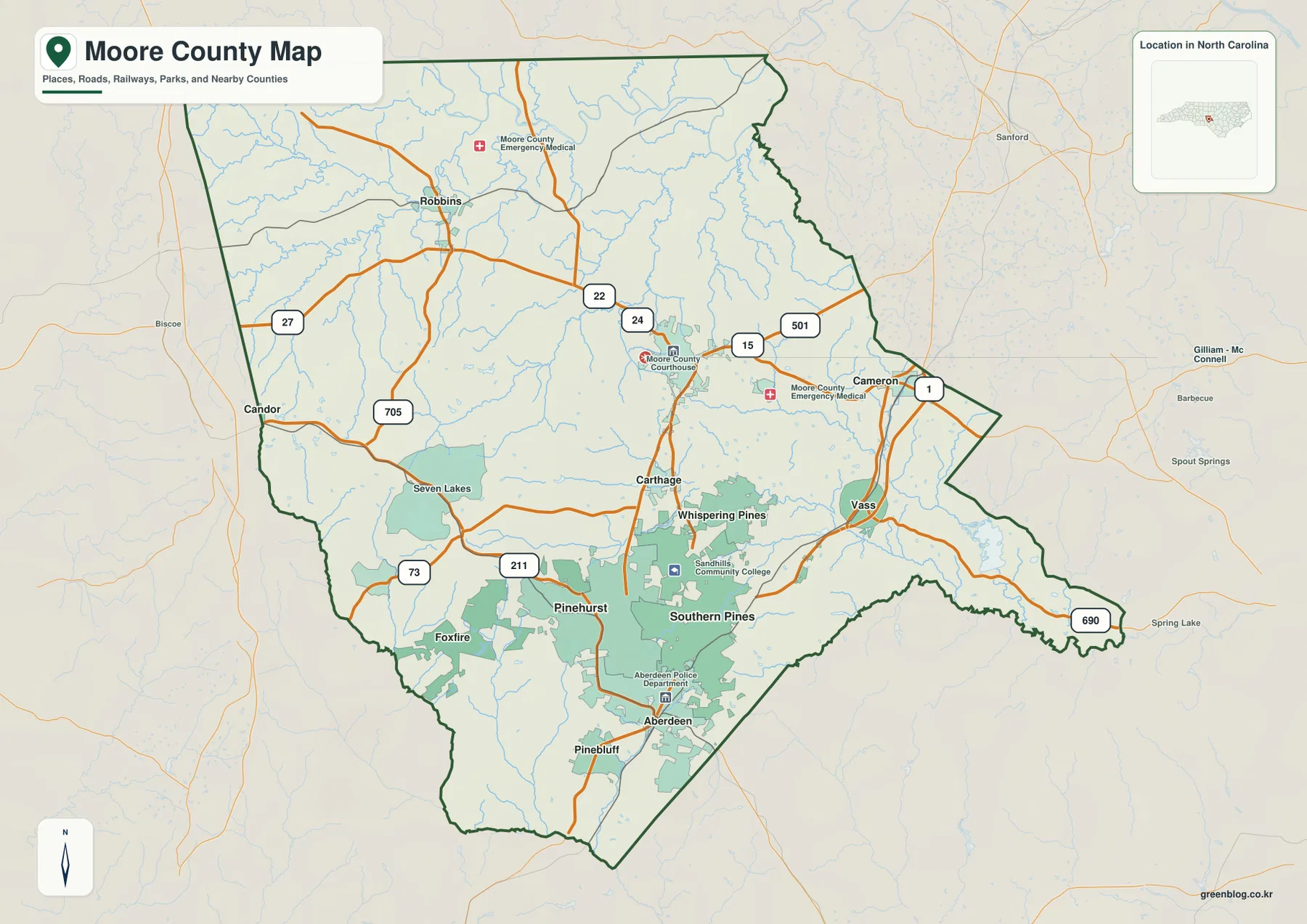 Moore County North Carolina map showing Carthage, Pinehurst, Southern Pines, Aberdeen, Robbins, Whispering Pines and major roads