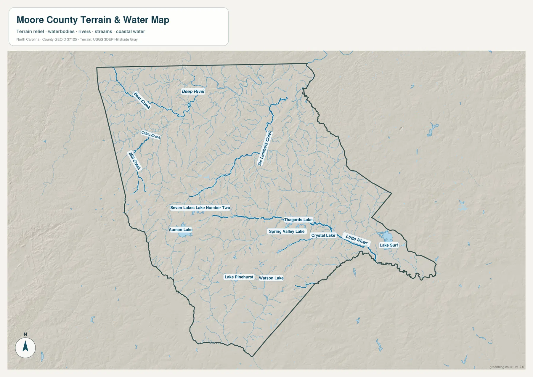 Moore County terrain and water map showing Deep River, Bear Creek, McLendons Creek, Little River, Lake Pinehurst and multiple lakes