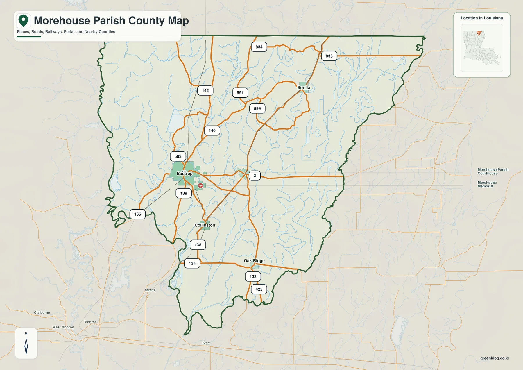 Bastrop, Mer Rouge, Collinston, Bonita, Oak Ridge와 U.S. 165, LA 2 등 주요 도로를 보여 주는 모어하우스 패리시 지도
