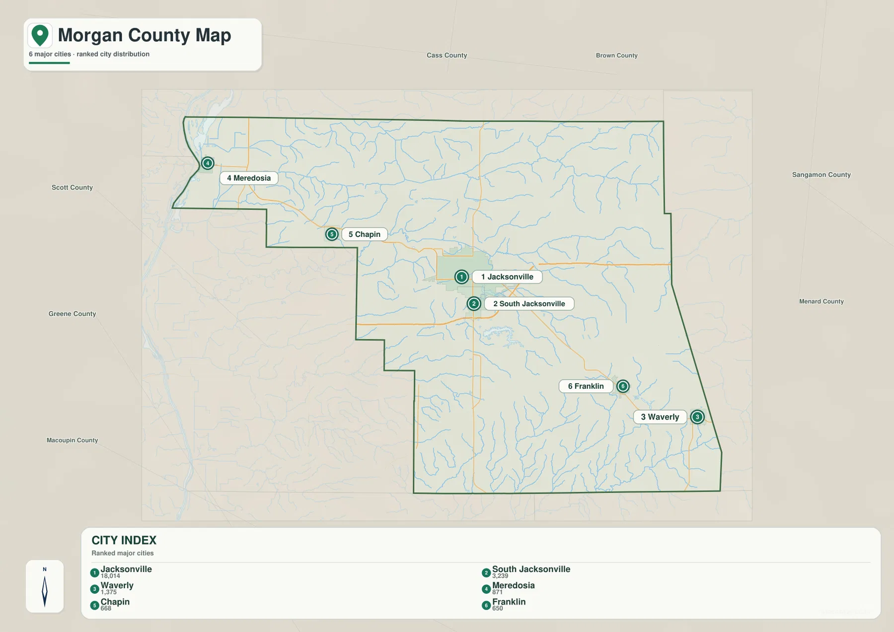 Jacksonville, South Jacksonville, Waverly, Meredosia, Chapin, Franklin의 위치와 순위를 보여 주는 Morgan County 도시 지도
