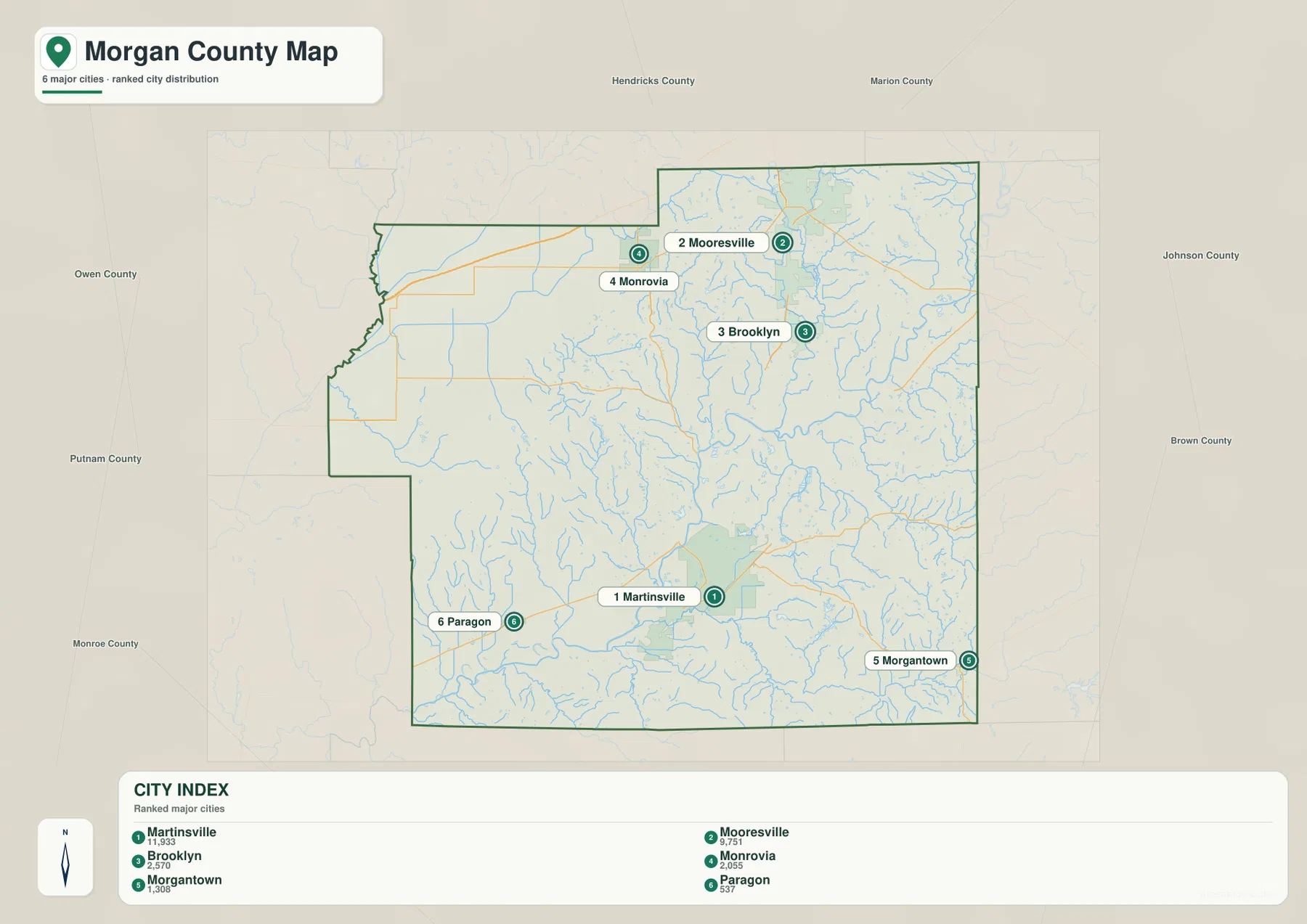 Morgan County city index map ranking Martinsville, Mooresville, Brooklyn, Monrovia, Morgantown, and Paragon