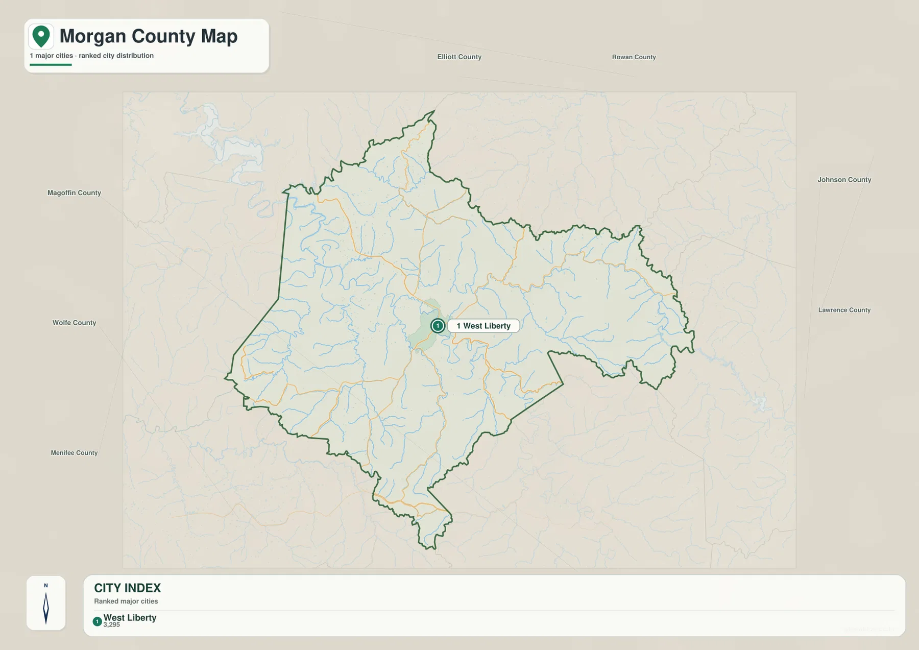Morgan County city distribution map showing West Liberty and neighboring Elliott, Rowan, Johnson, Lawrence, Magoffin, Wolfe, and Menifee counties