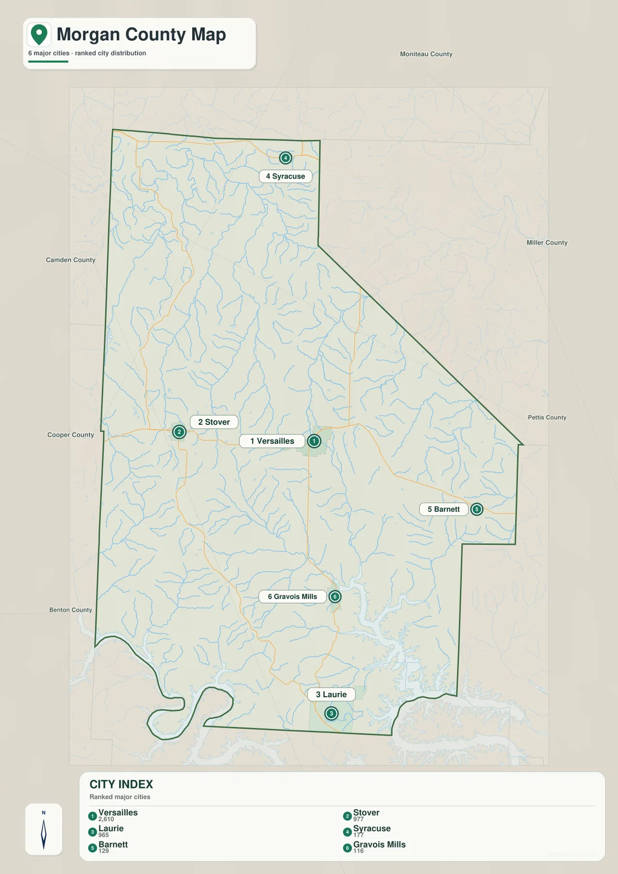 Morgan County city map showing Versailles, Stover, Laurie, Syracuse, Barnett, and Gravois Mills