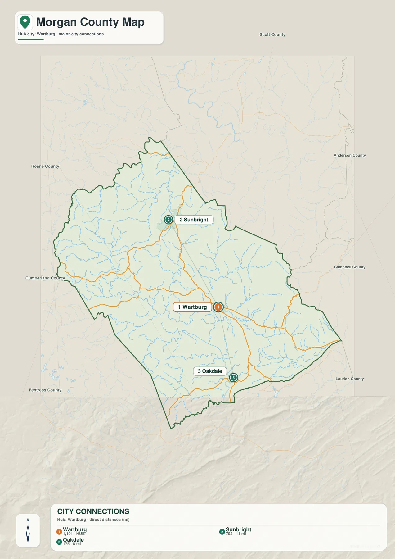 Morgan County city map with Wartburg, Sunbright, Oakdale, and straight-line distances