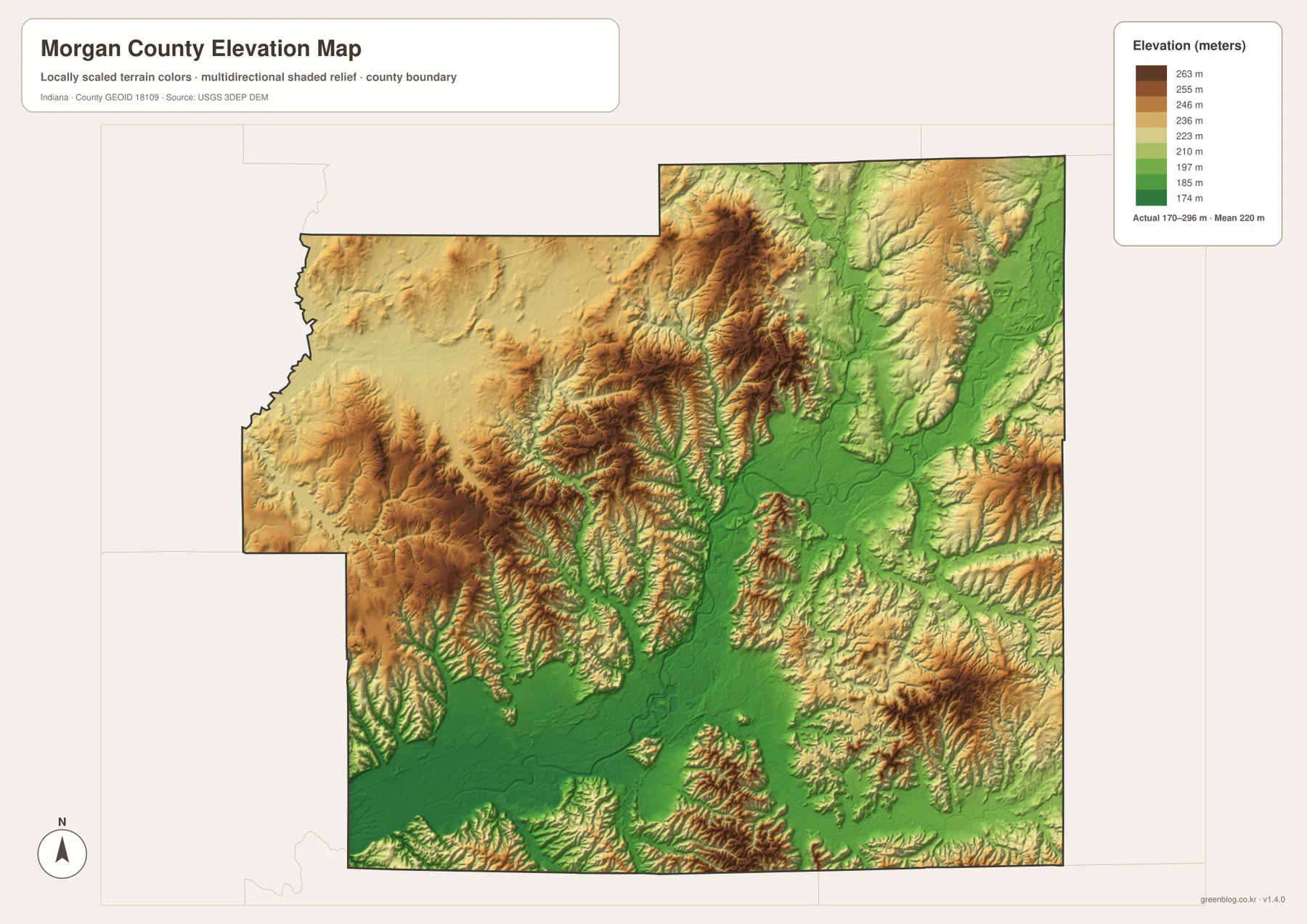 Morgan County elevation map showing low green White River and creek valleys with higher brown ridges across the west-central, north-central, and southeastern county