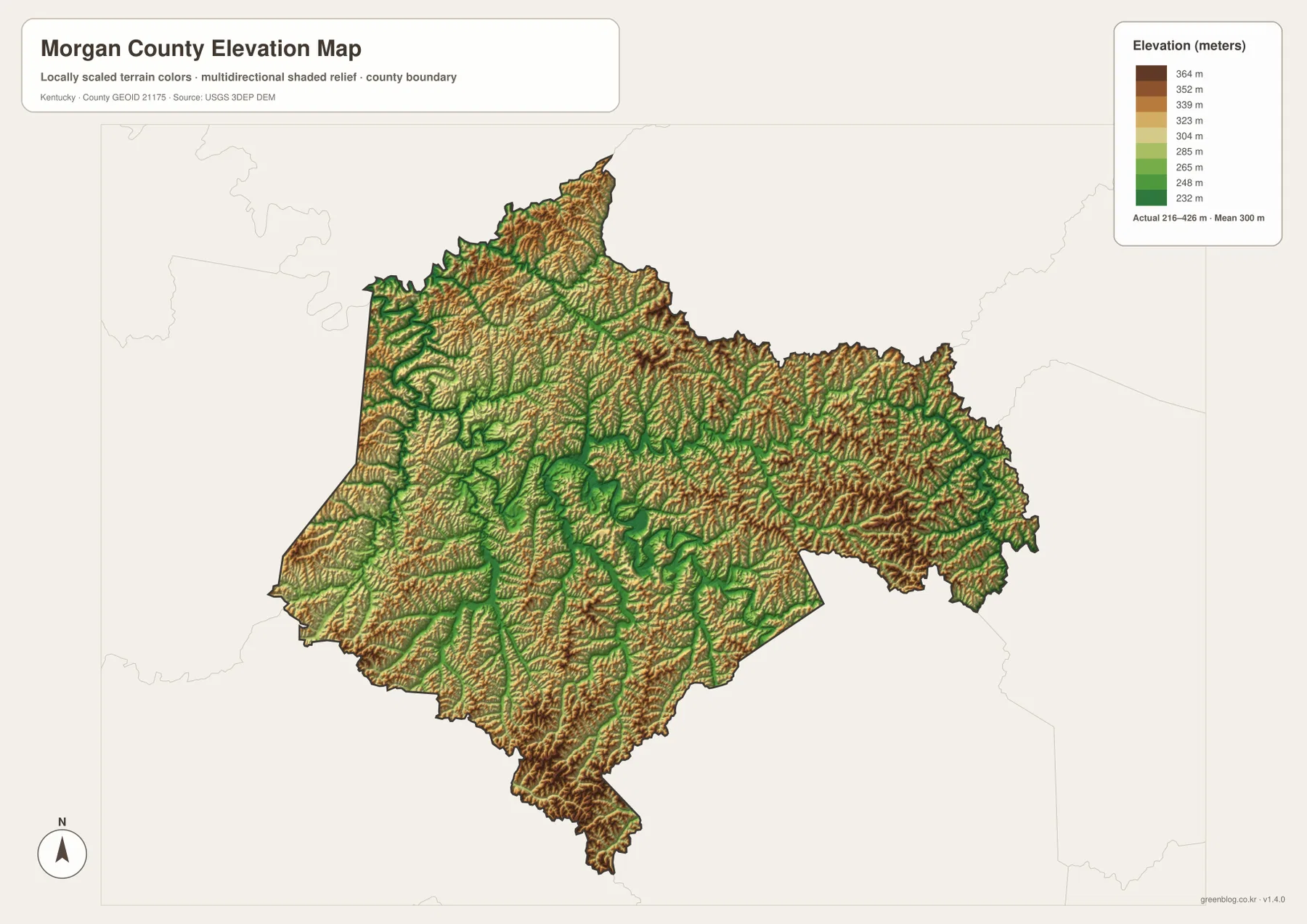 Morgan County elevation map showing the 216 to 426 meter range, low Licking River valleys, and higher eastern Kentucky ridges