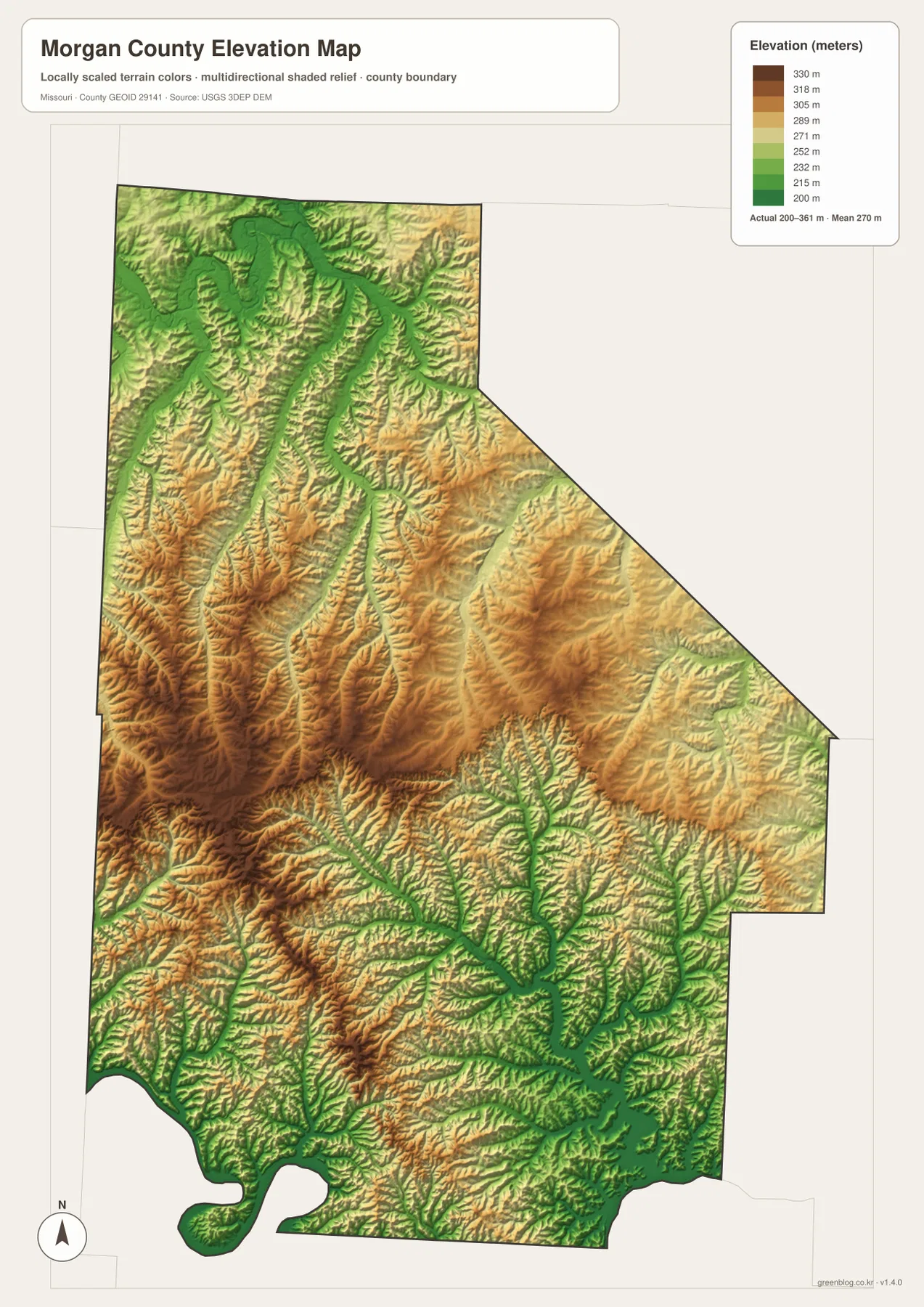 Morgan County elevation map showing 200 to 361 meter relief, Lamine River lowlands, central western uplands, and Lake of the Ozarks valleys