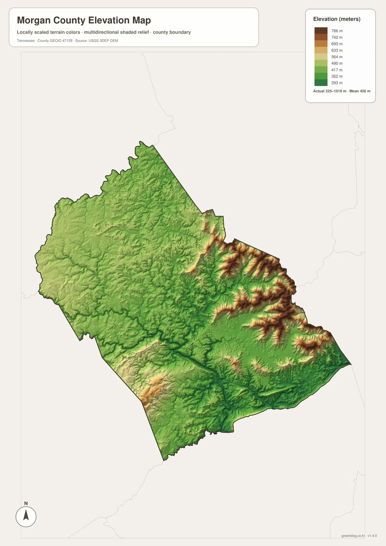 Morgan County Tennessee elevation map showing about 225 to 1,010 meters of relief