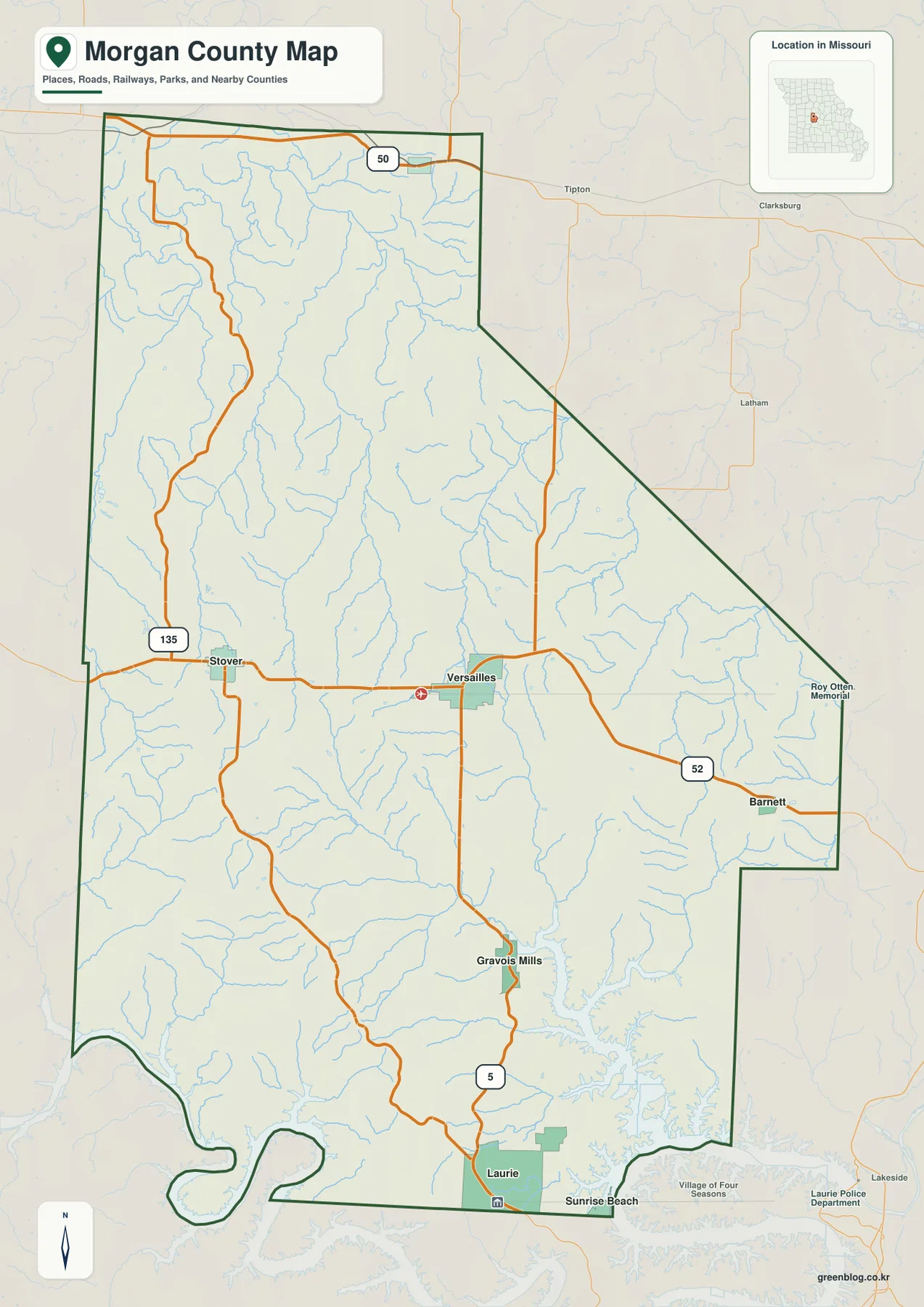 Morgan County Missouri map showing Versailles, Stover, Gravois Mills, Laurie, Routes 5, 52, 135, and U.S. 50