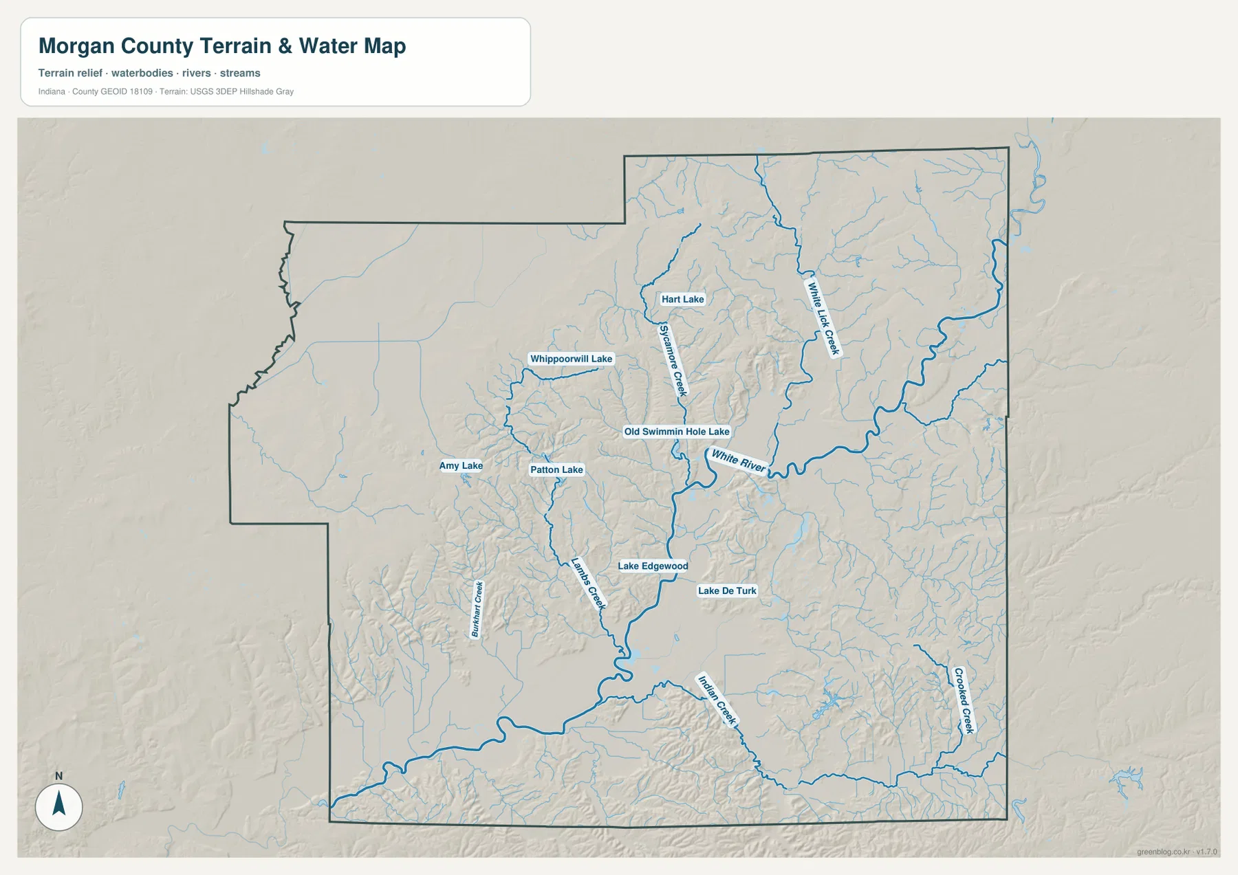 Morgan County terrain and water map showing White River, White Lick Creek, Sycamore Creek, Lambs Creek, Indian Creek, Crooked Creek, and several small lakes