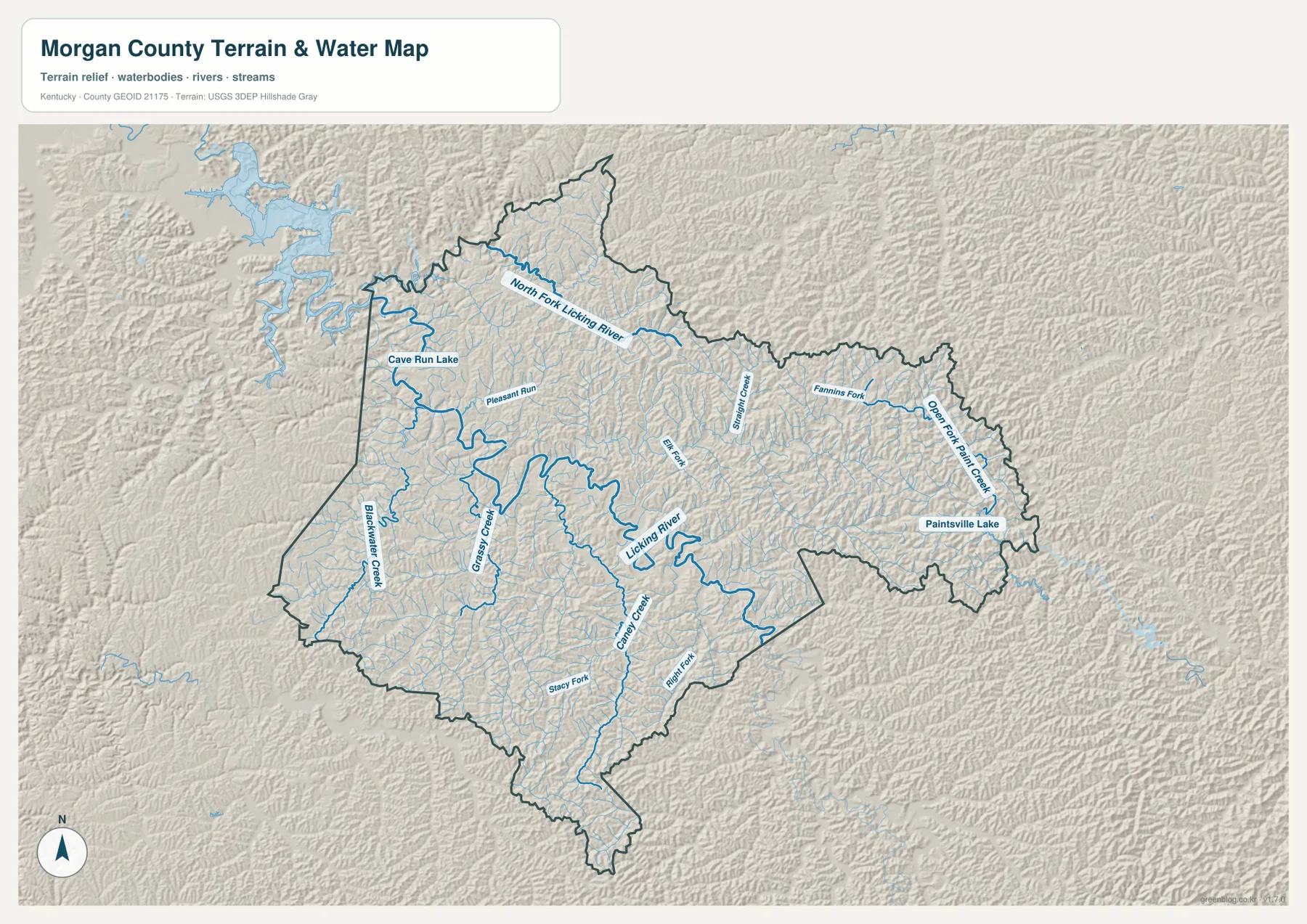 Morgan County terrain and water map showing North Fork Licking River, Licking River, Blackwater Creek, Grassy Creek, Elk Fork, Caney Creek, and tributaries