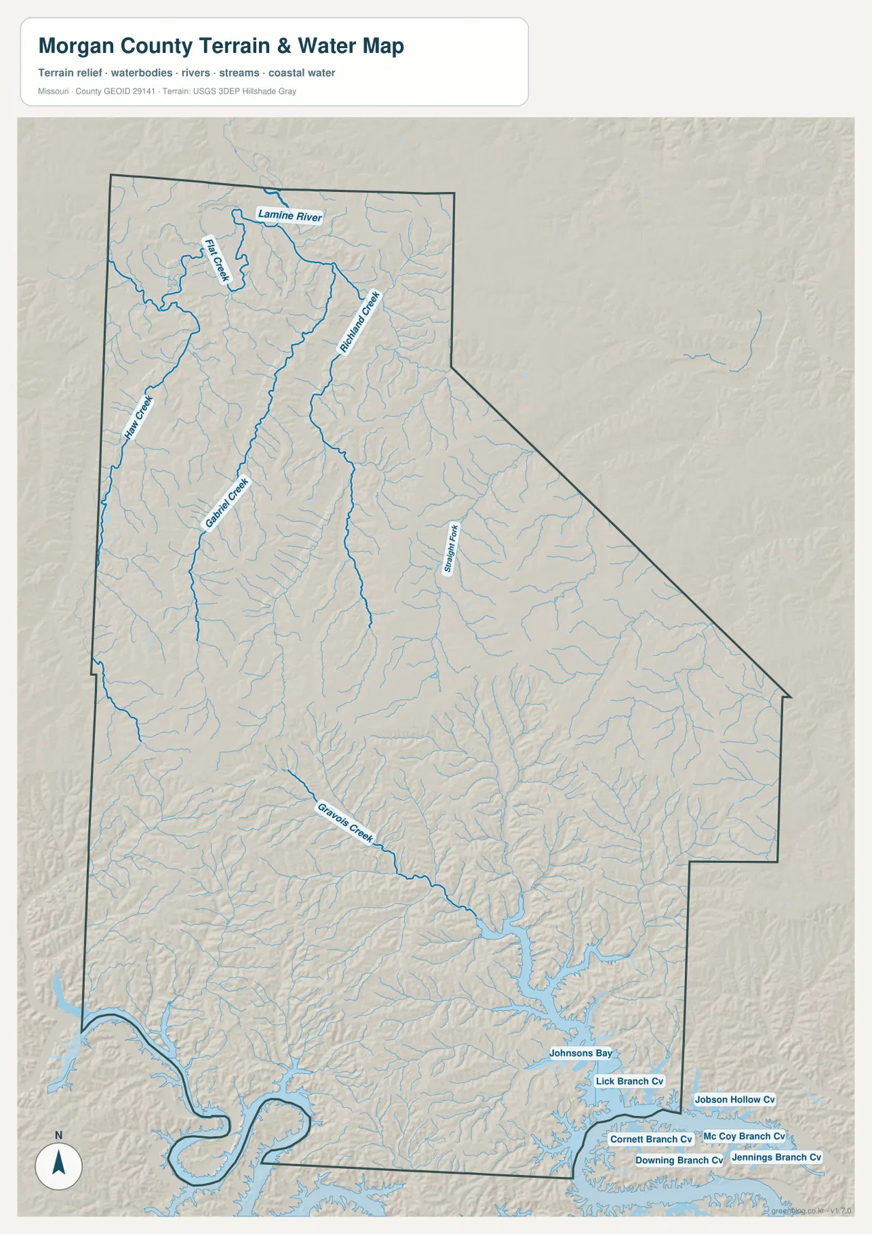 Morgan County terrain and water map showing the Lamine River, Flat Creek, Richland Creek, Gravois Creek, and Lake of the Ozarks coves