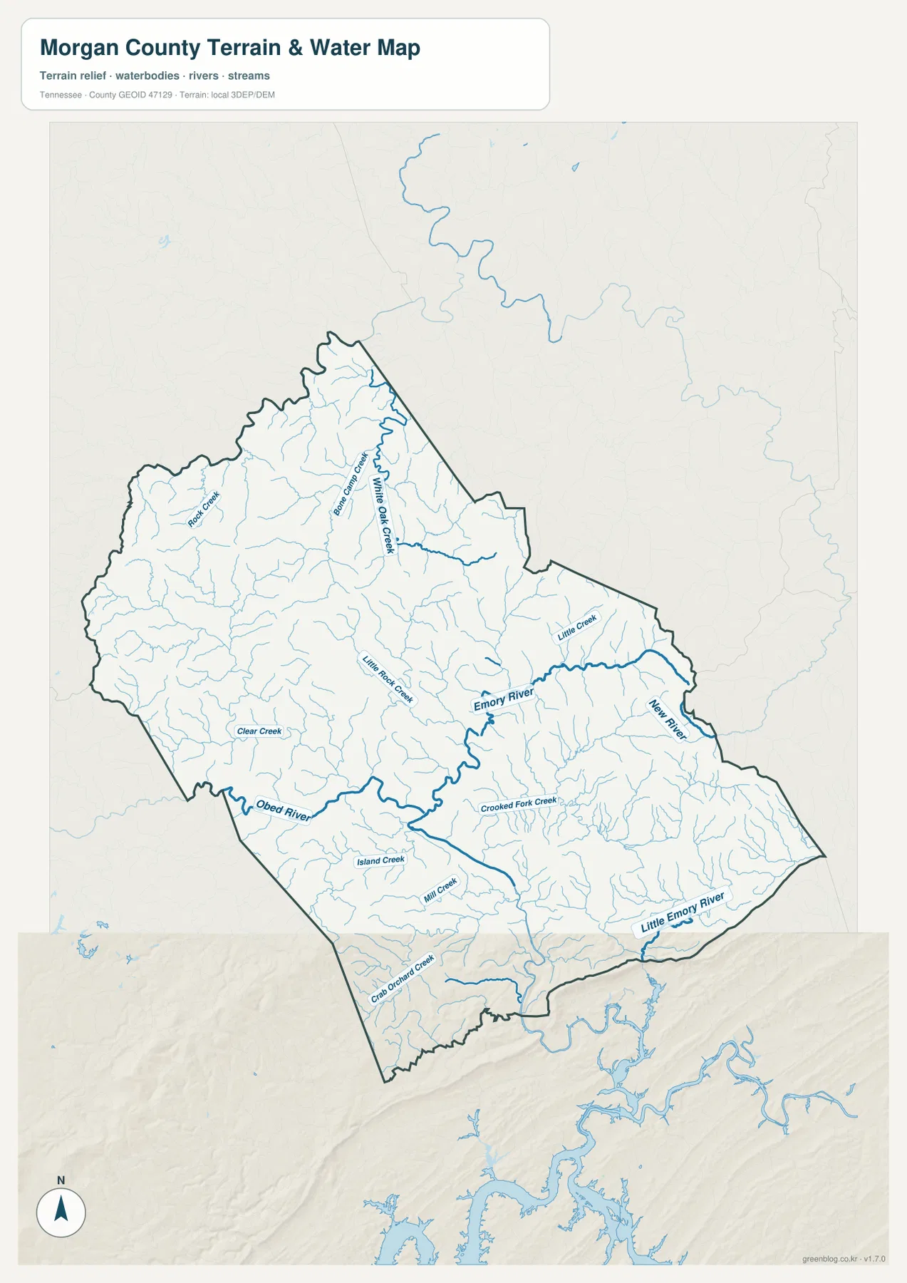 Morgan County water map with Obed River, Emory River, New River, Little Emory River, and named creeks