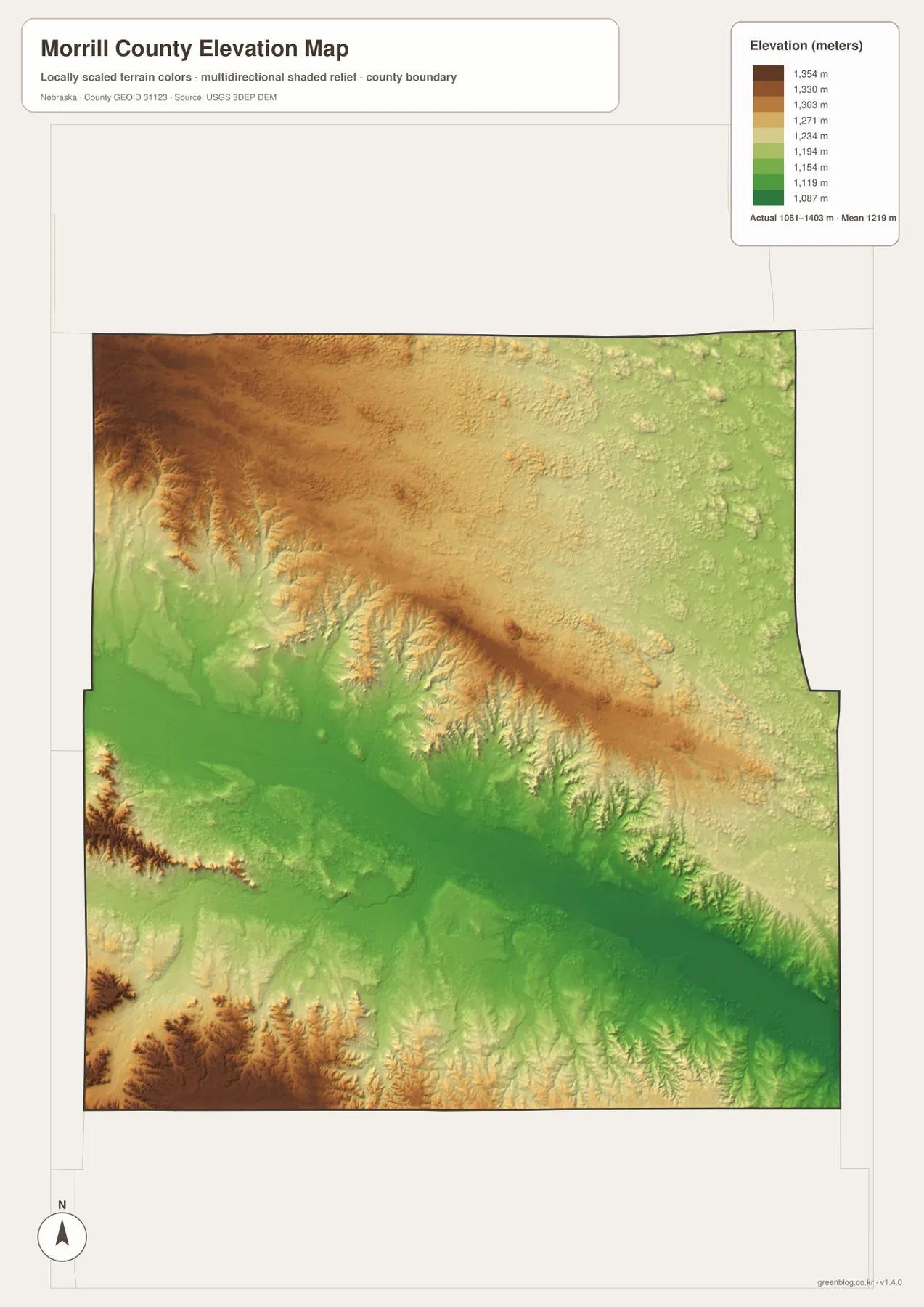 Morrill County elevation map showing the lower North Platte River valley and higher surrounding uplands
