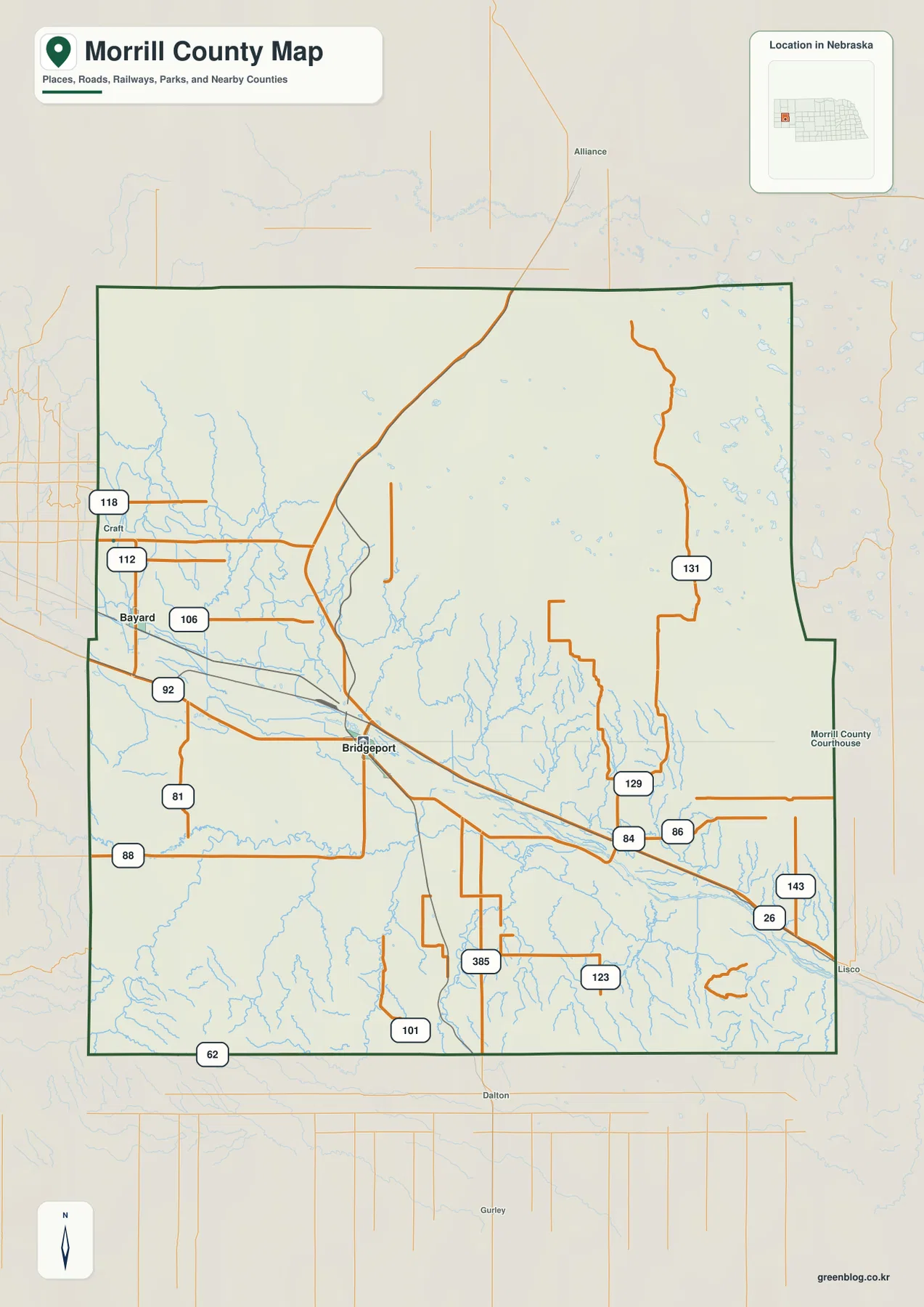 Morrill County Nebraska overview showing Bridgeport, Bayard, roads, rail lines, streams, and the county boundary