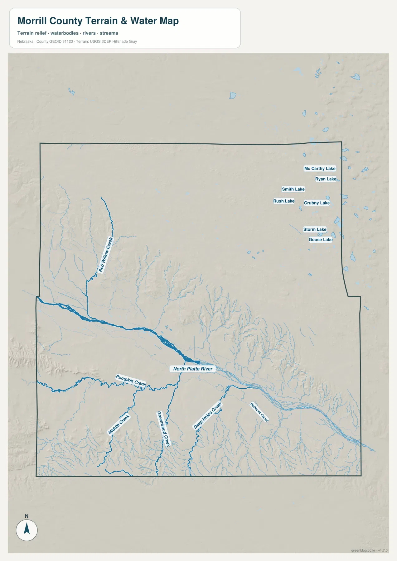 Morrill County terrain and water map showing the North Platte River, tributary creeks, and northeastern lakes