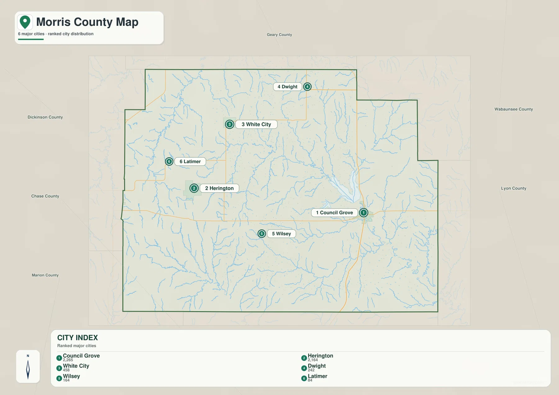 Morris County Kansas city map of Council Grove, Herington, White City, Dwight, Wilsey and Latimer