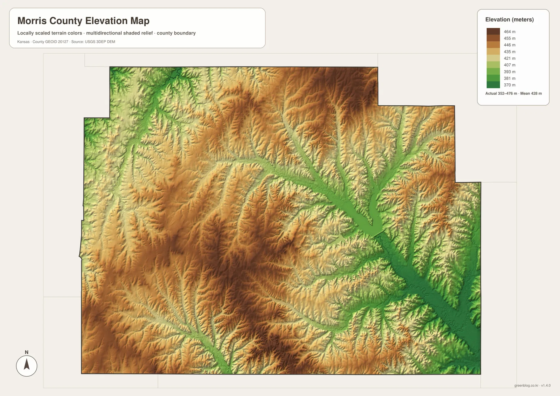 Morris County Kansas elevation map showing 352 to 476 meter Flint Hills relief and Neosho River lowlands