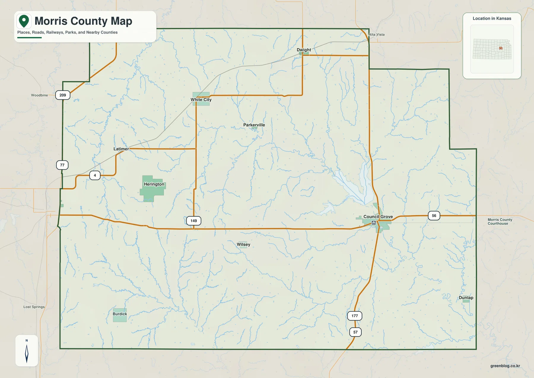 Morris County Kansas map showing Council Grove, Herington, White City, Dwight, US 56, K-177 and US 77