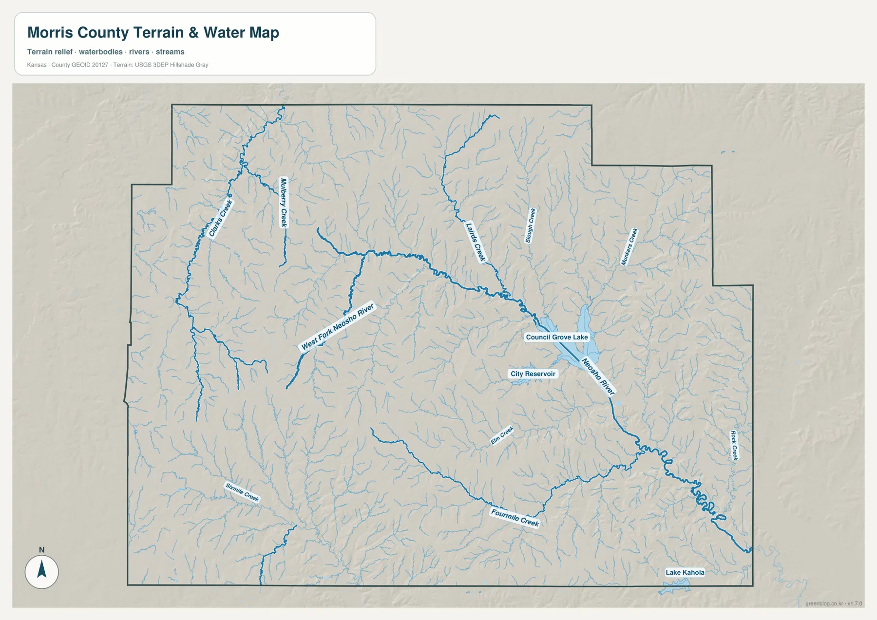 Morris County Kansas water map showing Council Grove Lake, Neosho River, West Fork Neosho River and major creeks