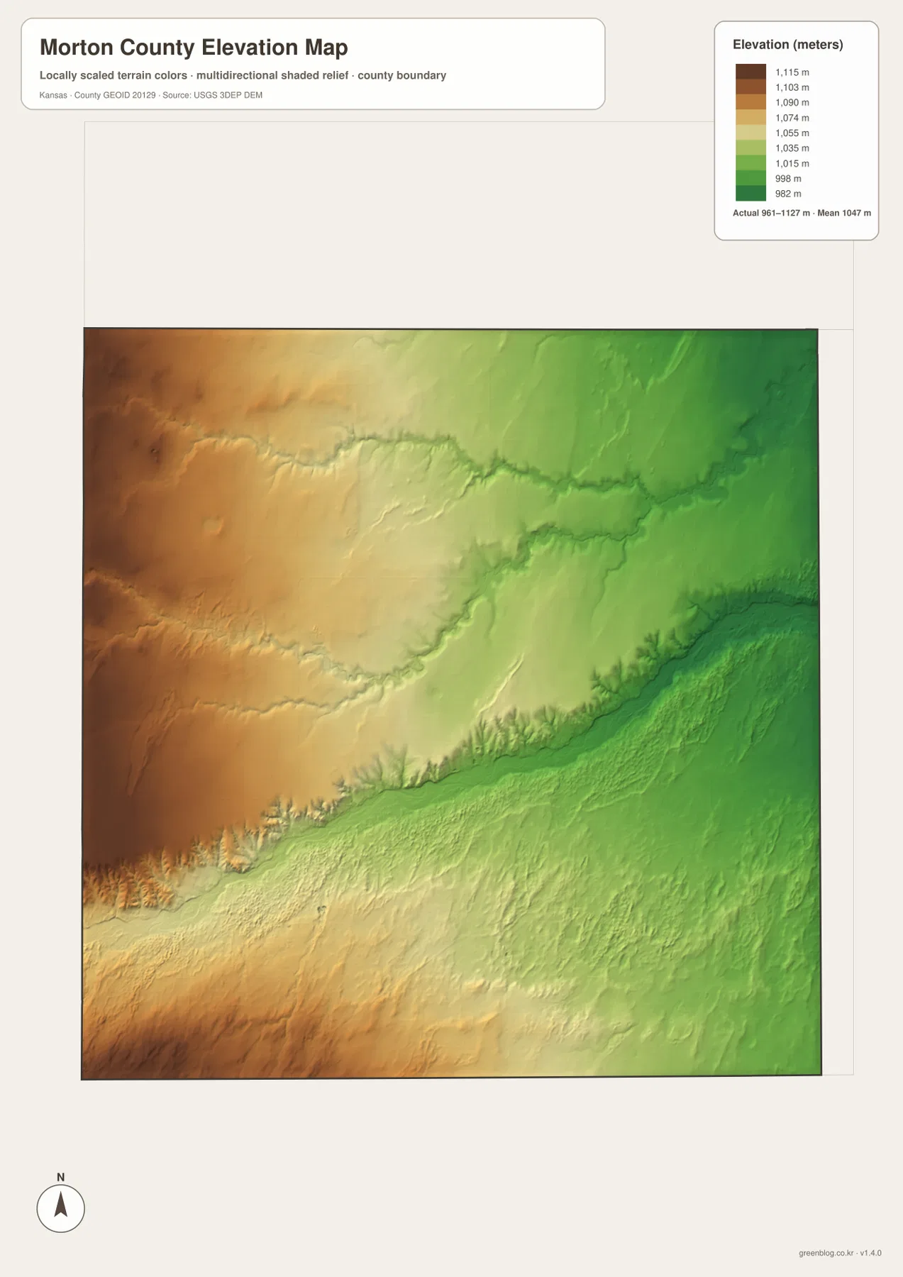 Morton County Kansas elevation map showing 961 to 1127 meter terrain, higher western High Plains and lower Cimarron valleys