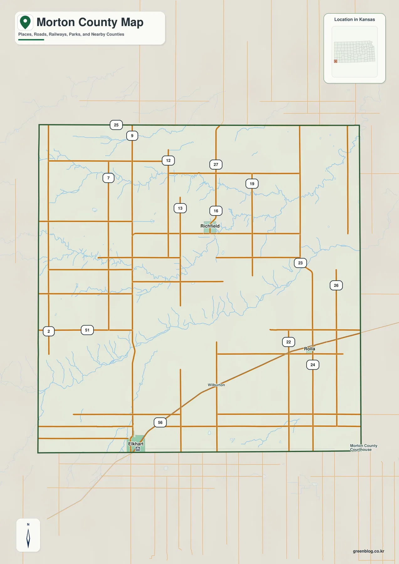 Morton County Kansas map showing Elkhart, Rolla, Richfield, US 56, K-27 and K-51