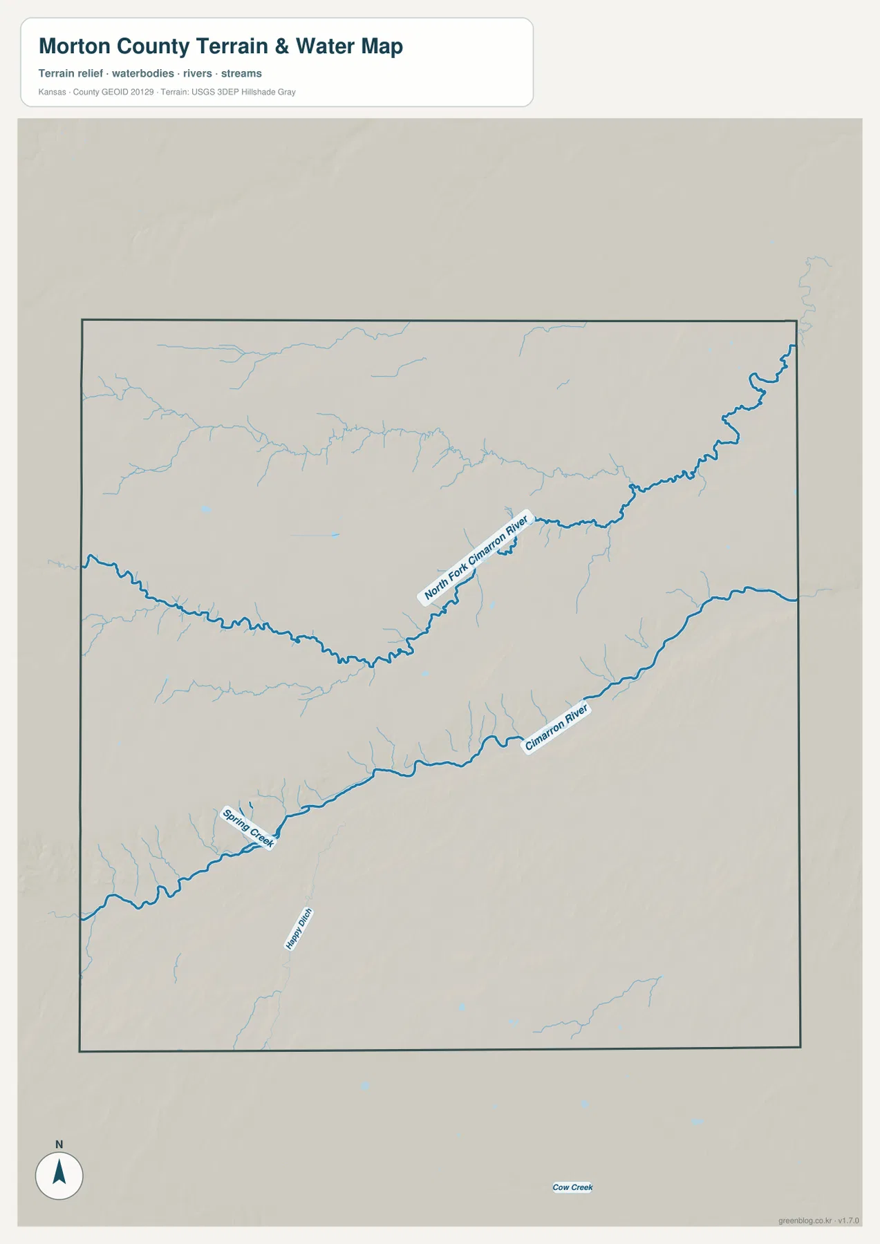 Morton County Kansas terrain and water map showing North Fork Cimarron River, Cimarron River, Spring Creek and Harp Ditch