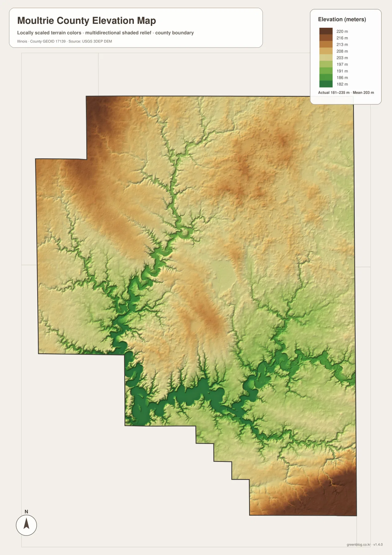 181~235m 범위의 Moultrie County 고도와 West Okaw River·Lake Shelbyville 저지대, 북서부·남동부 높은 지형을 보여 주는 지도