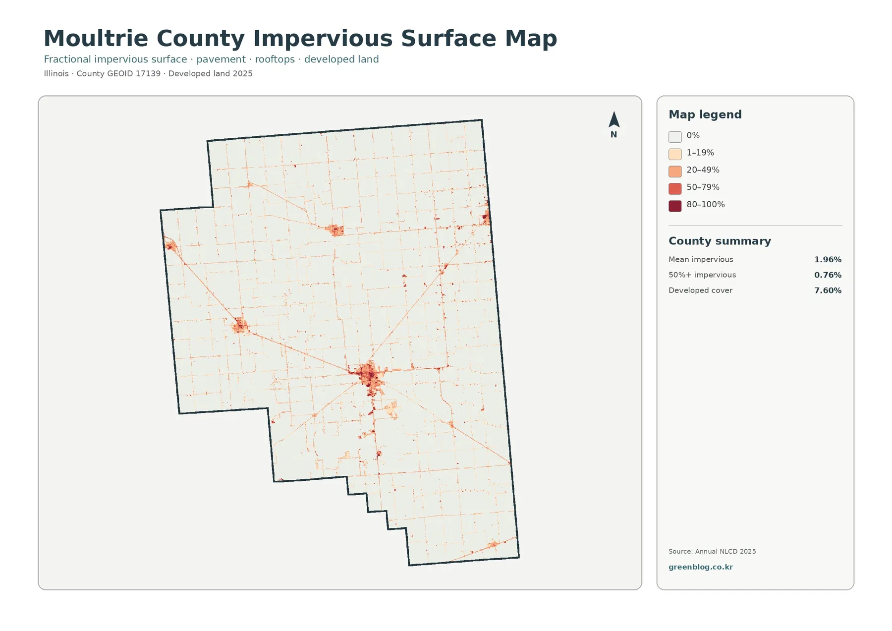Moultrie County impervious surface and developed land map
