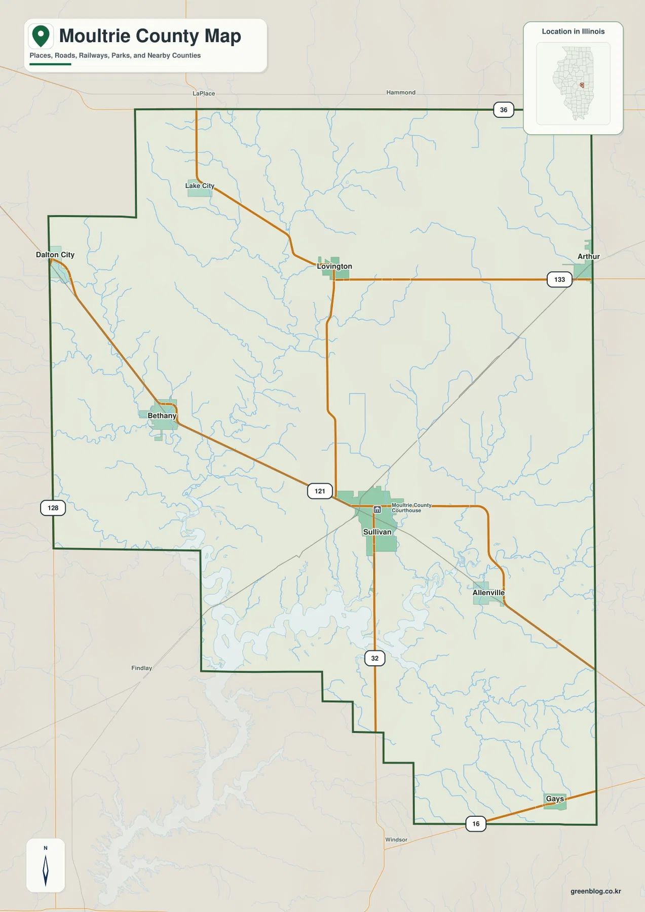 Sullivan, Lovington, Bethany, Dalton City, Allenville, Gays와 주요 도로를 보여 주는 일리노이주 Moultrie County 지도