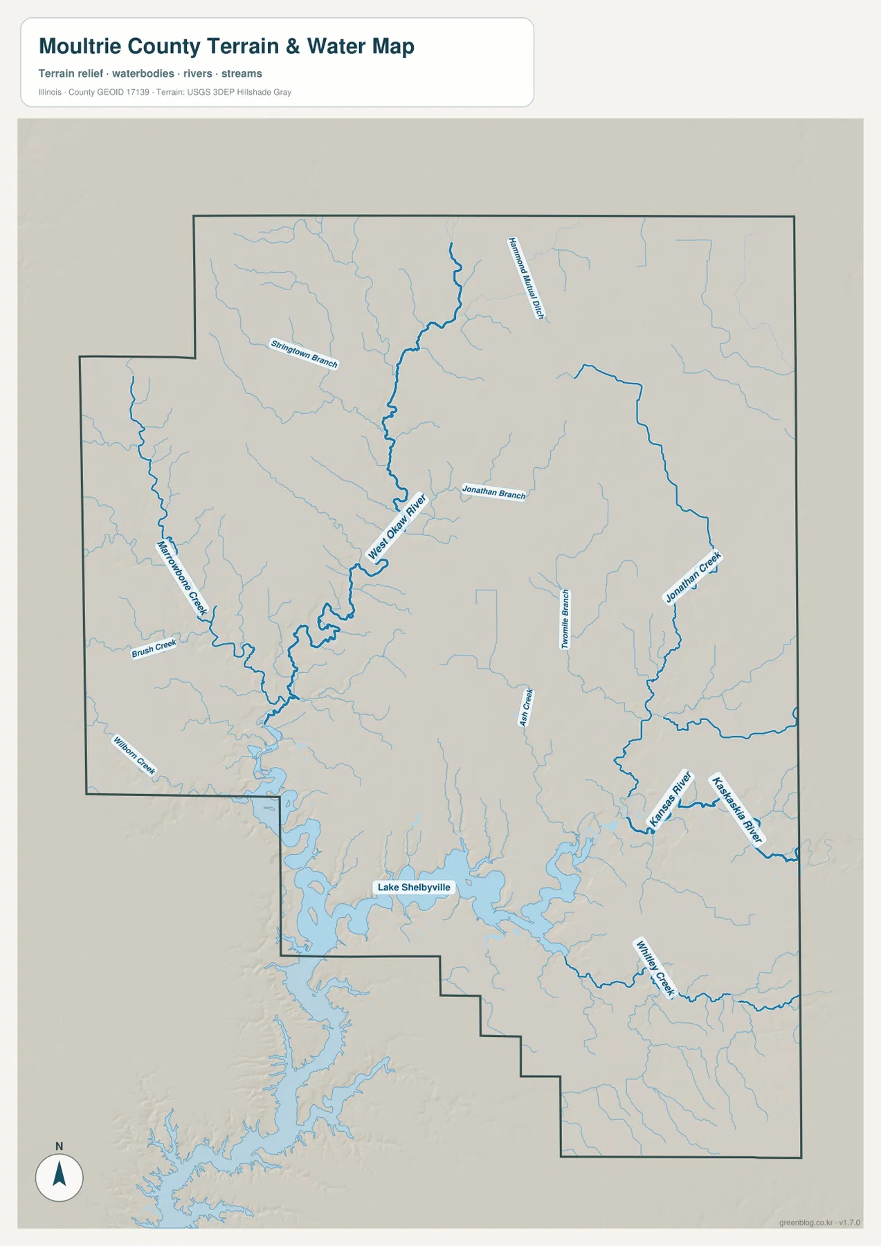 West Okaw River, Lake Shelbyville, Jonathan Creek, Kaskaskia River, Marrowbone Creek와 주요 지류를 보여 주는 Moultrie County 수역 지도