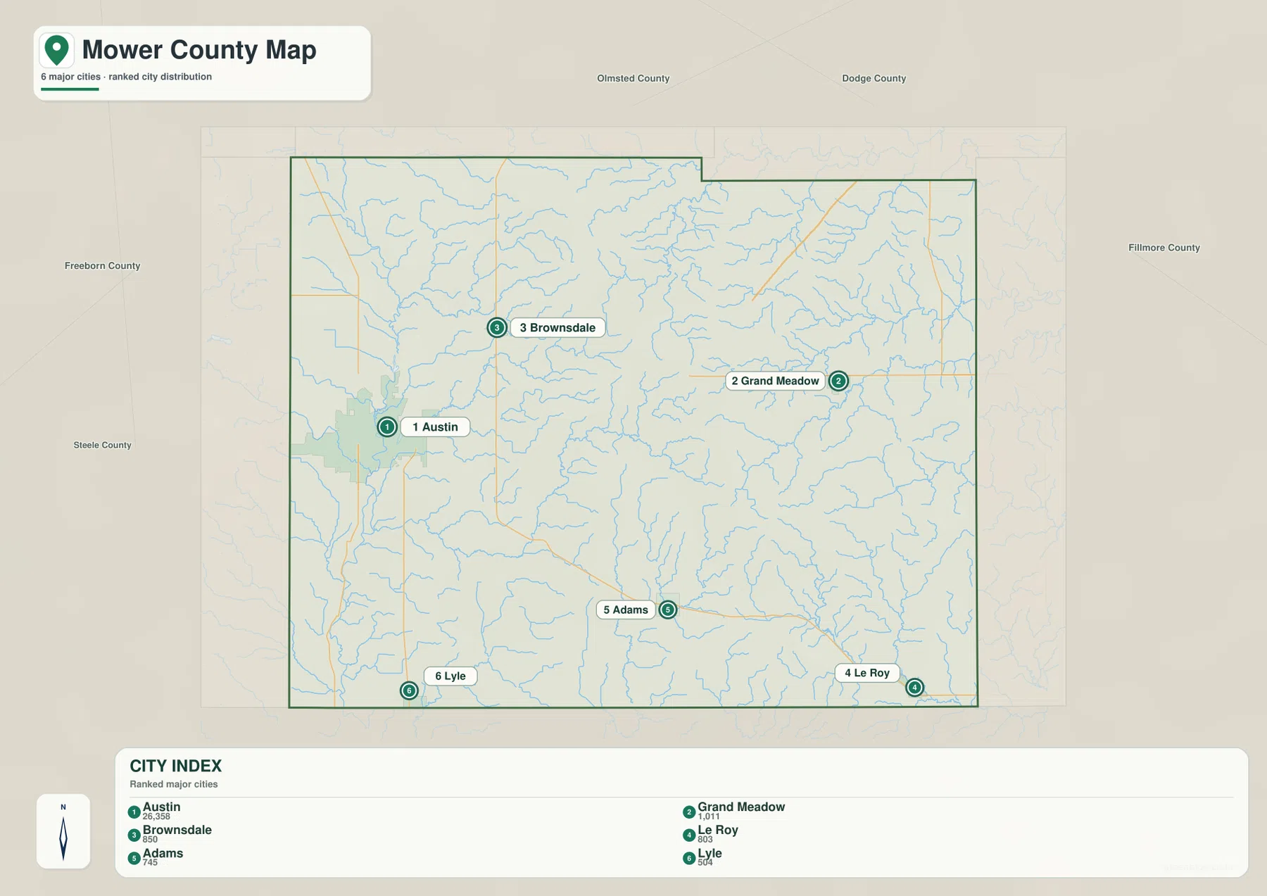 Mower County 주요 도시 6곳의 위치와 순위를 표시한 도시 지도