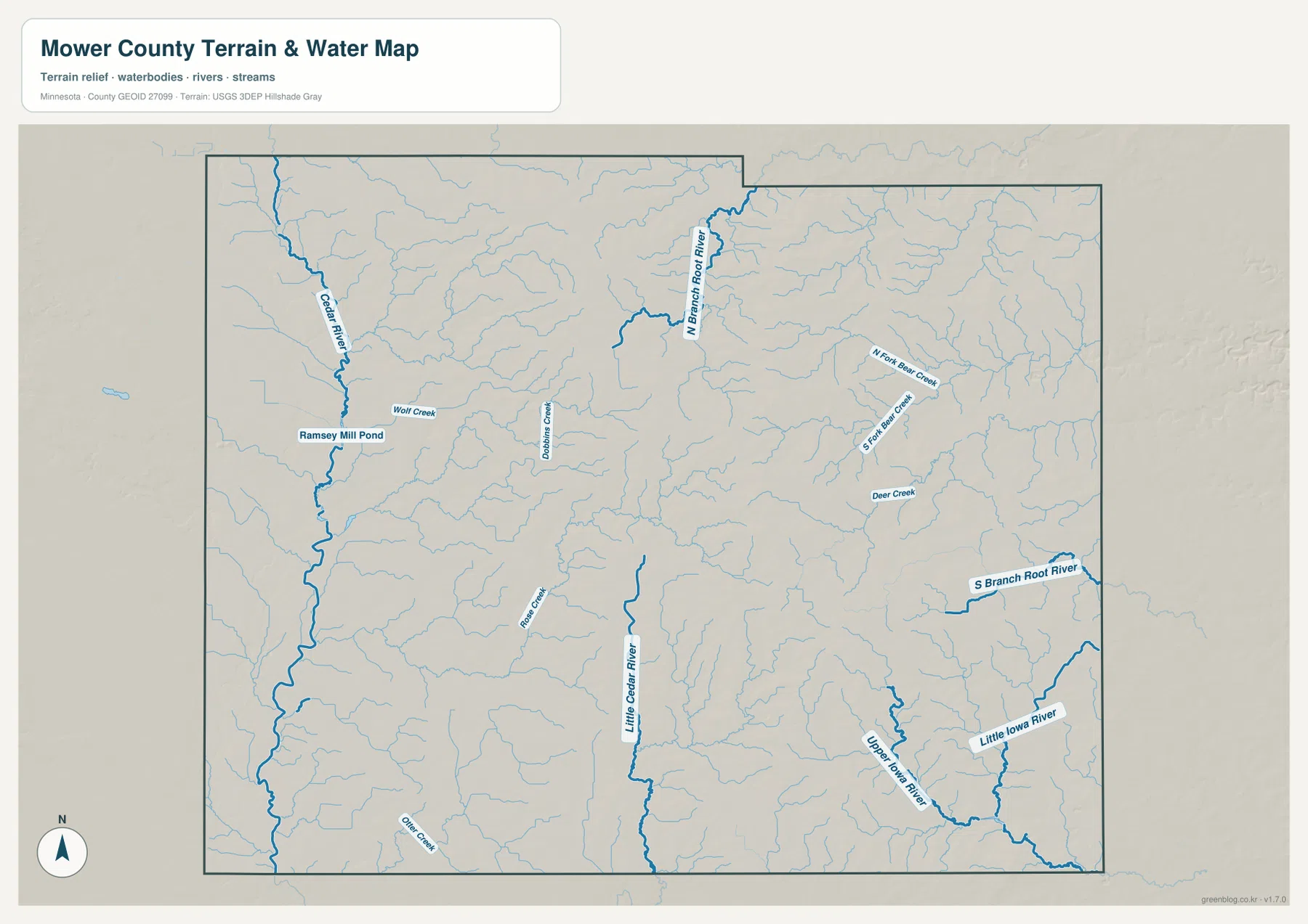 Mower County의 Cedar River, Root River 지류와 Upper Iowa River를 표시한 수역 지도