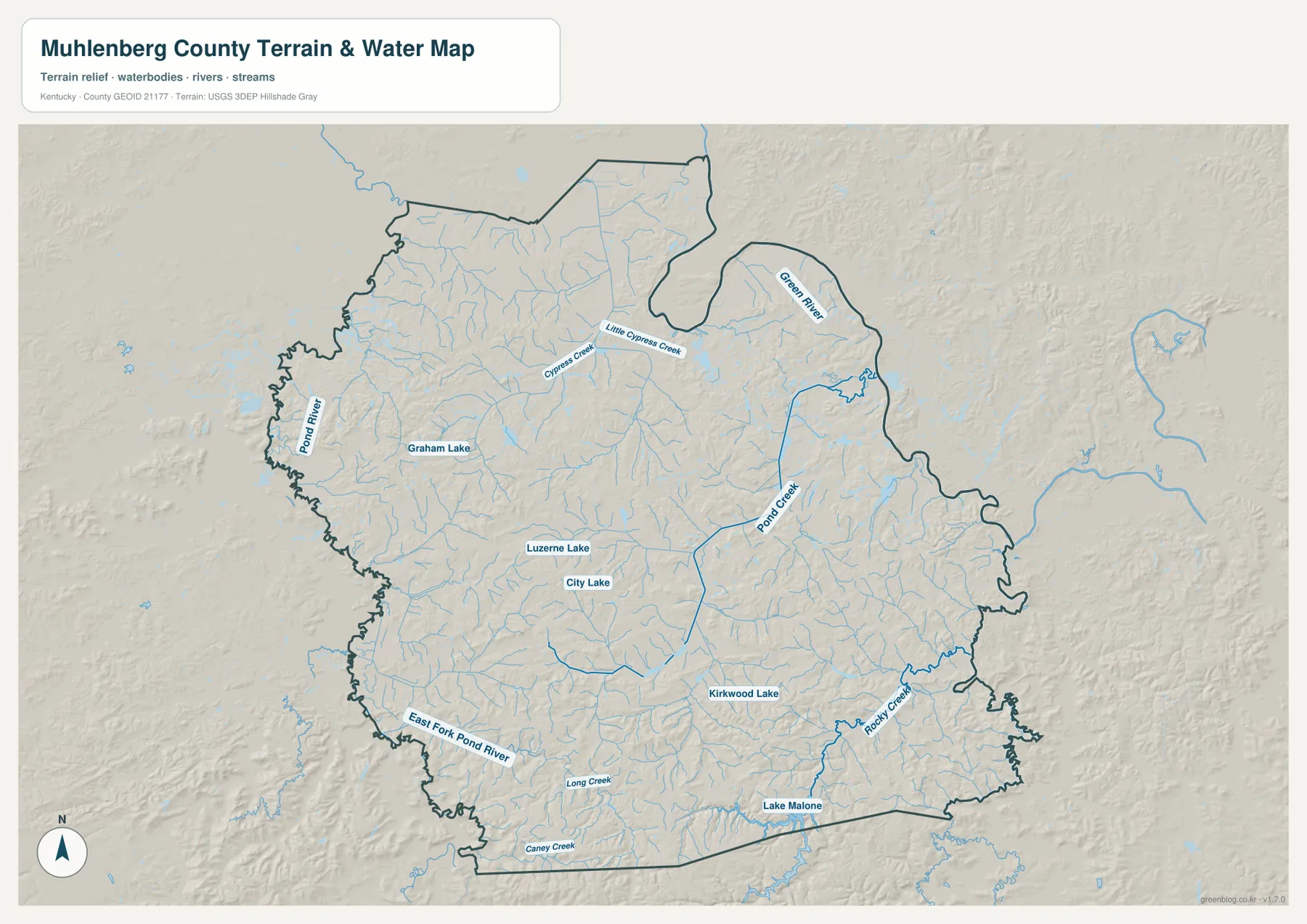 Muhlenberg County의 Green River, Pond River, Little Cypress Creek, Cypress Creek, Graham Lake, Luzerne Lake, City Lake, Kirkwood Lake, Lake Malone와 주요 지류를 표시한 수역·지형 지도