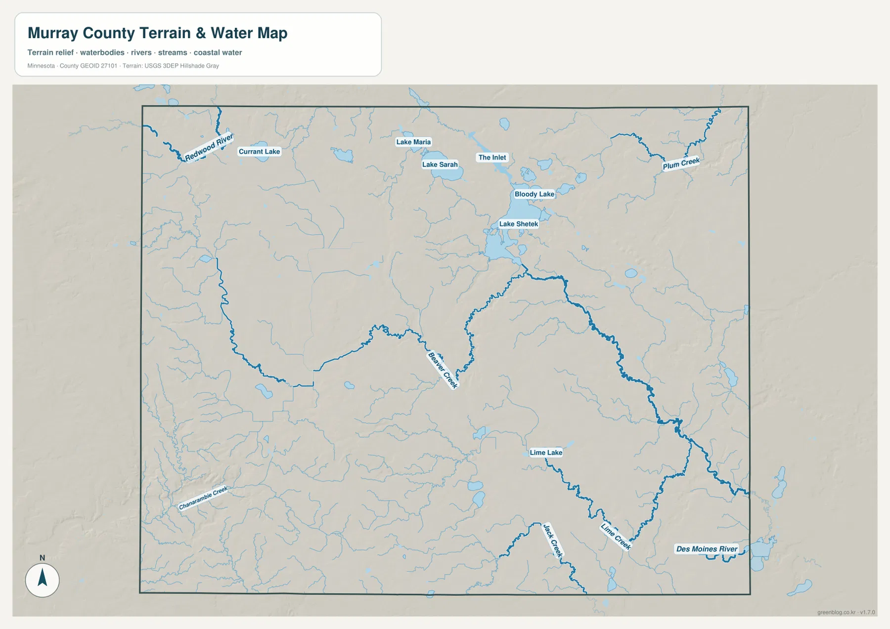 Murray County의 Lake Shetek, Redwood River, Beaver Creek과 Des Moines River를 표시한 수역 지도