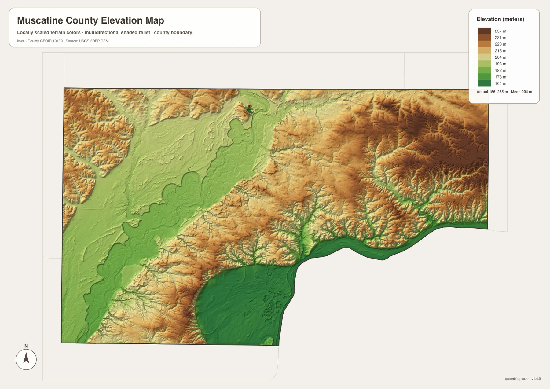 Muscatine County Iowa elevation map 156 255 meters Cedar River Mississippi River uplands