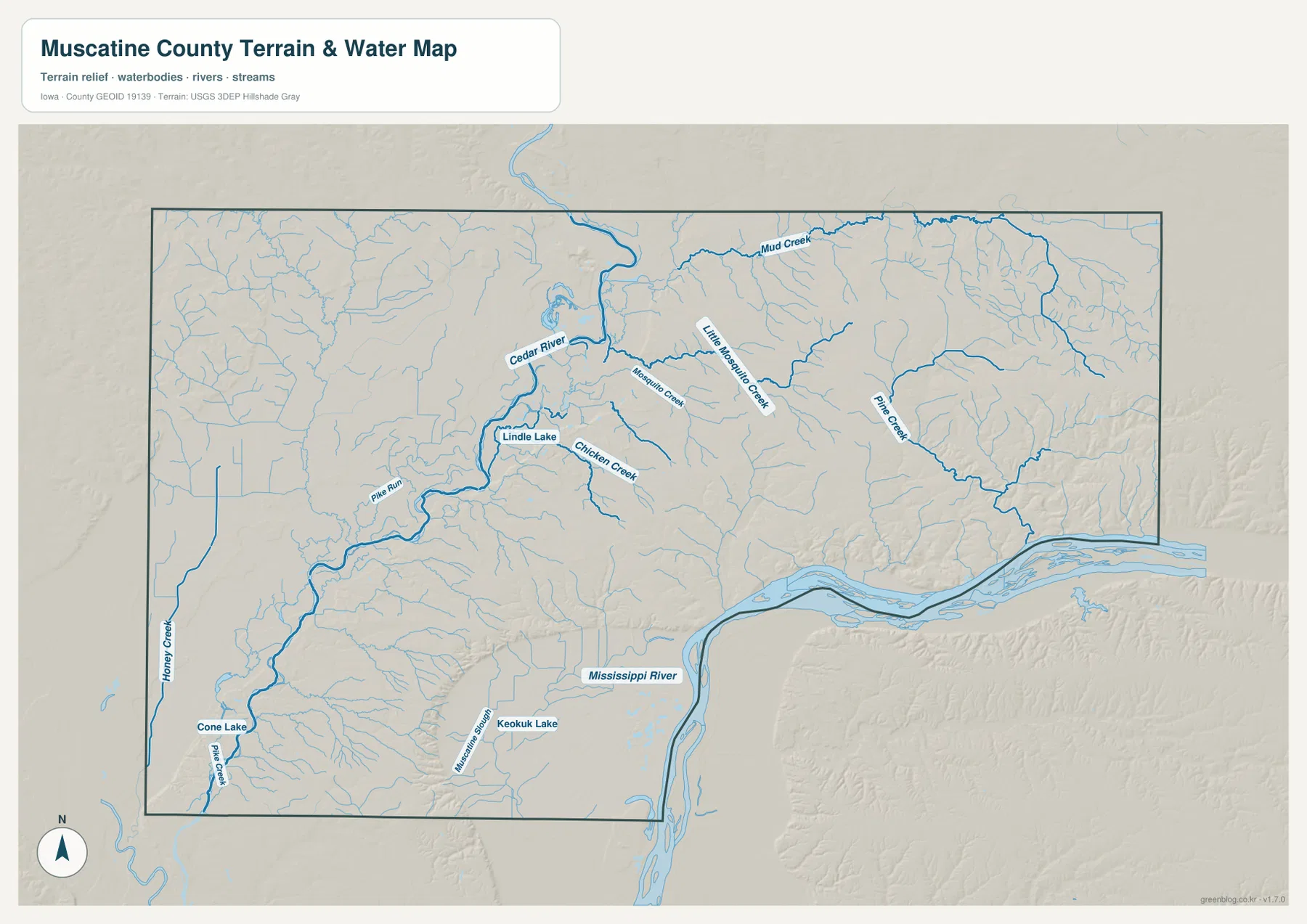 Muscatine County Iowa water map Cedar River Mississippi River Mud Creek Pine Creek
