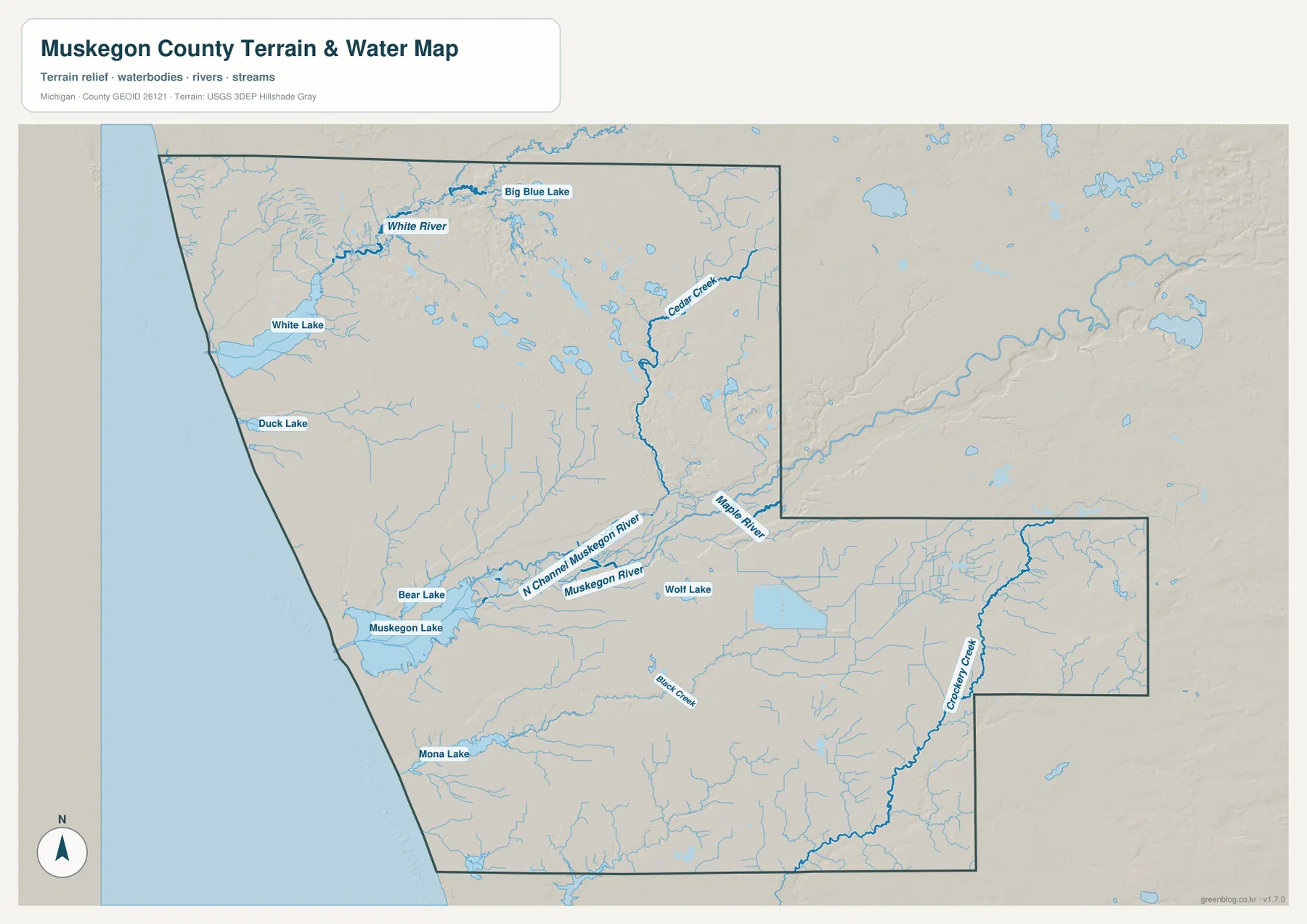 Muskegon River, White River, Muskegon Lake, White Lake, Mona Lake와 주요 지류를 표시한 Muskegon County 수역 지도