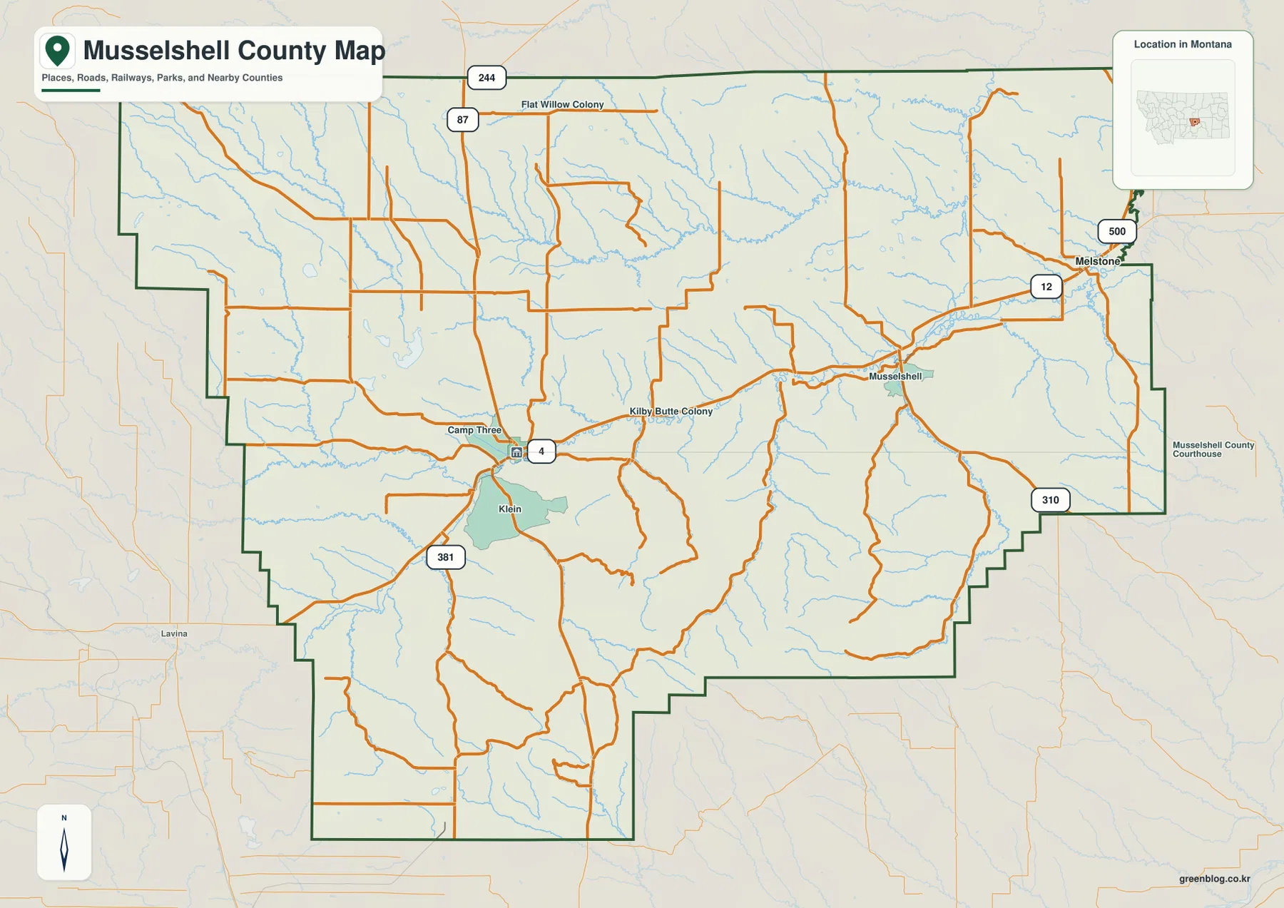 Roundup, Melstone, Musselshell, Klein과 U.S. 12, Route 87·244·310·381·500을 표시한 Musselshell County 지도