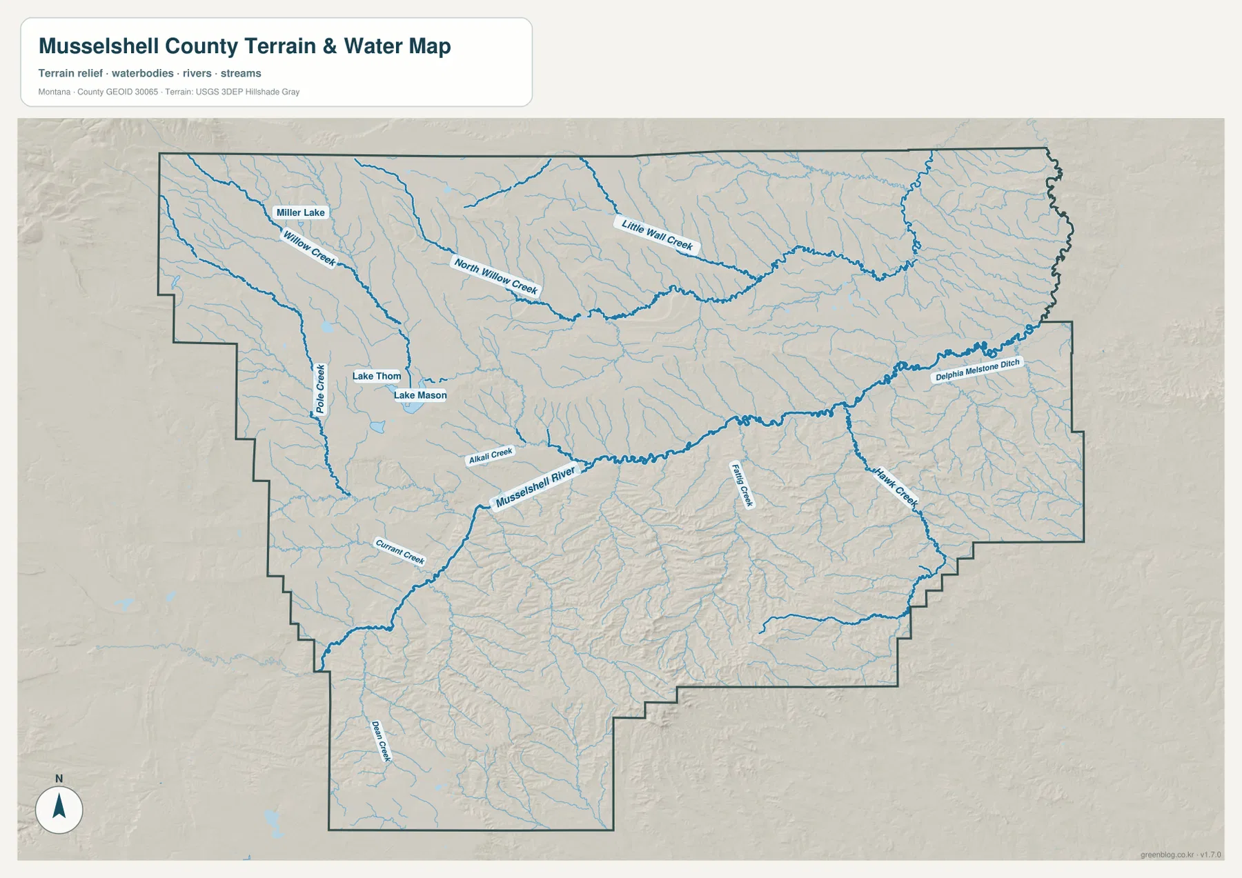 Musselshell River, Willow Creek, Little Wall Creek, Pole Creek, Currant Creek와 주요 호수를 표시한 Musselshell County 수역 지형 지도