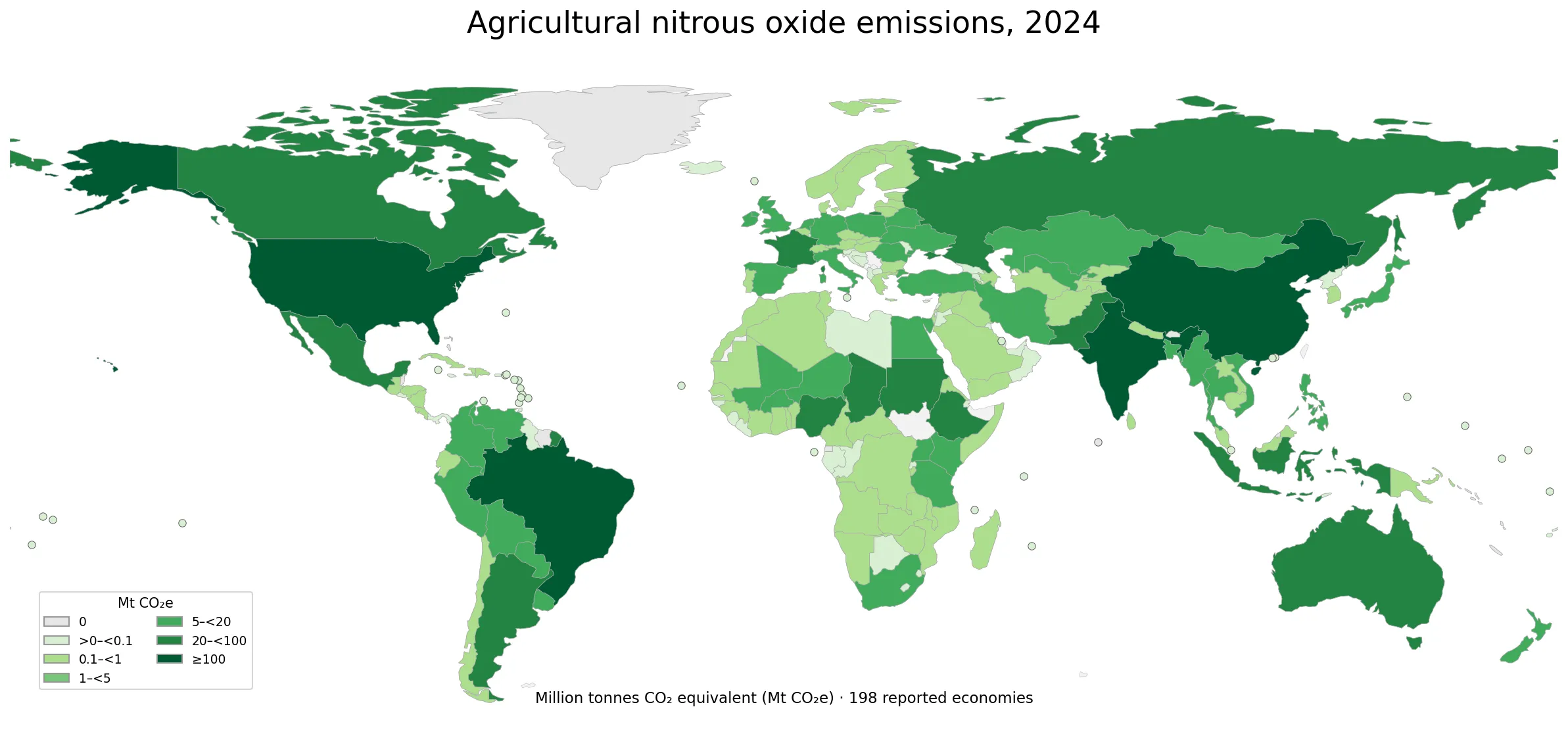 Emisiones agrícolas de óxido nitroso en 198 economías en 2024