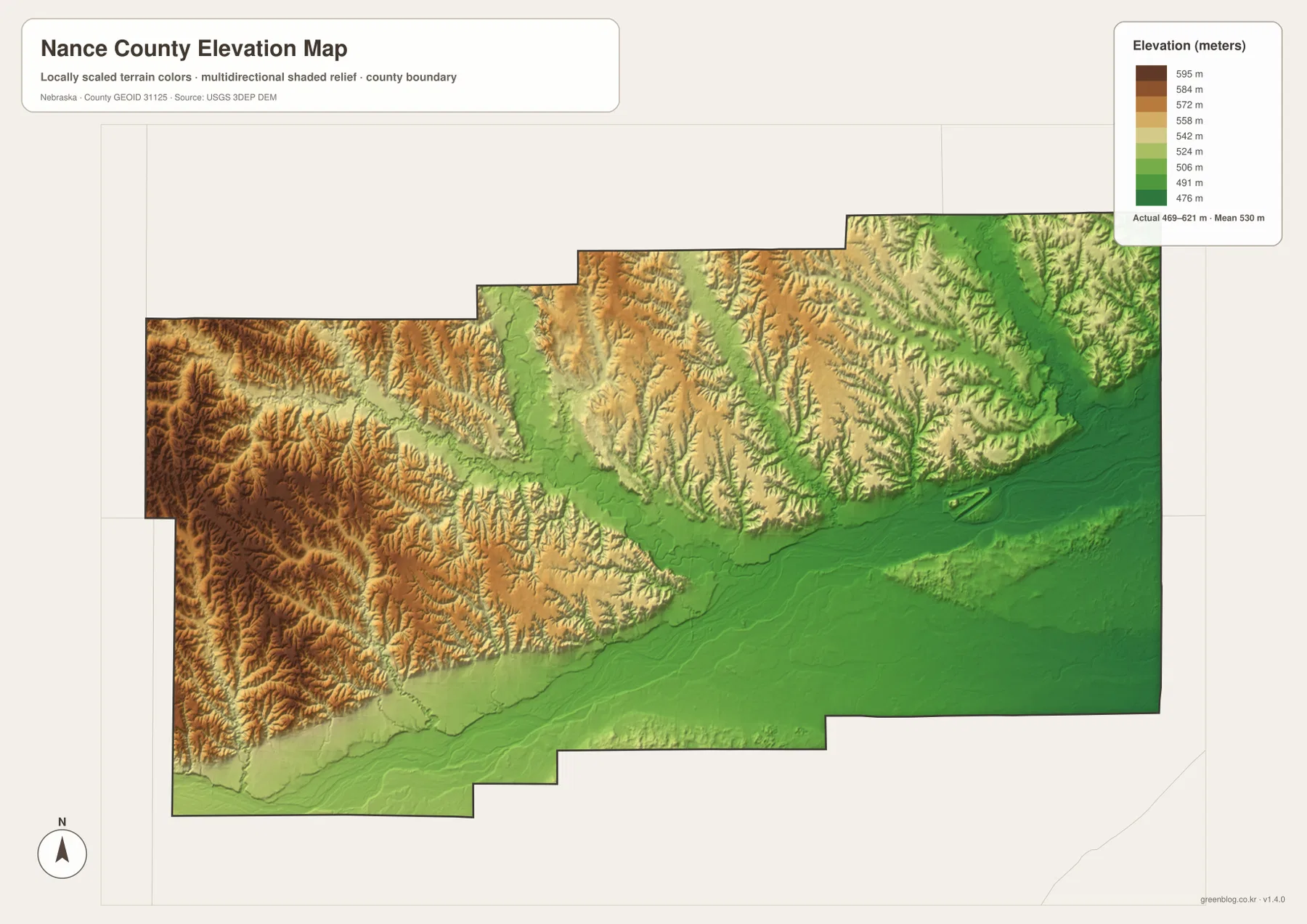 Nance County elevation map showing higher western uplands and lower terrain along the Loup River toward the east