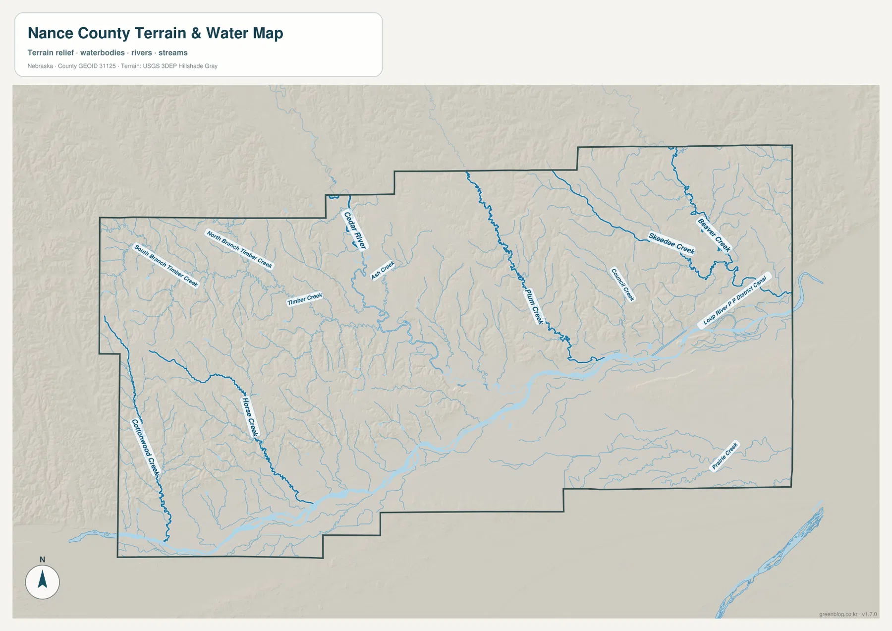 Nance County terrain and water map showing the Loup River, Cedar River, Timber Creek, Plum Creek, Skeedee Creek, and other tributaries