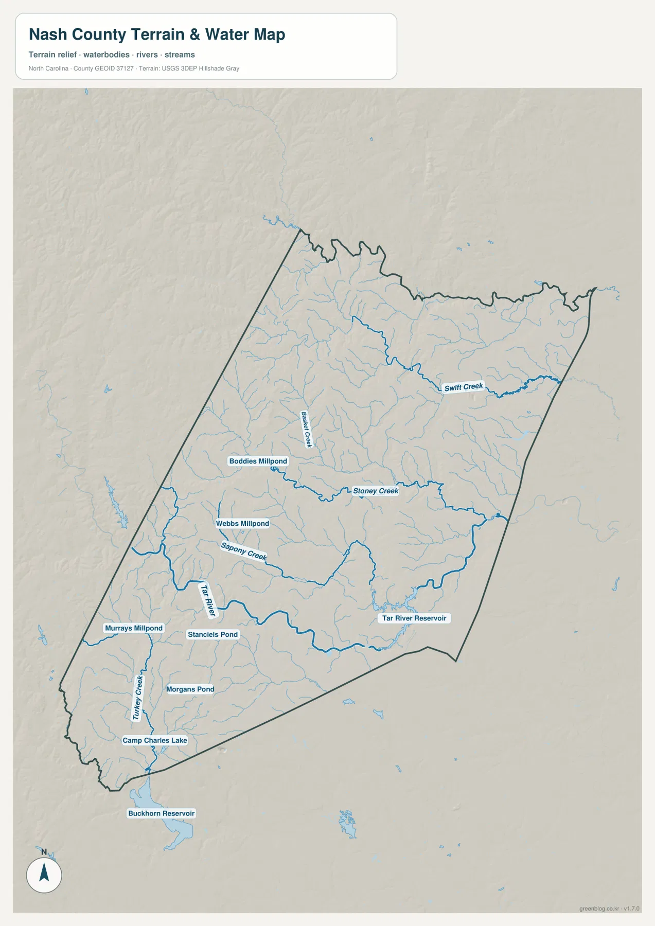 Nash County terrain and water map showing Tar River, Swift Creek, Stoney Creek, Sapony Creek, Tar River Reservoir, millponds, and small lakes