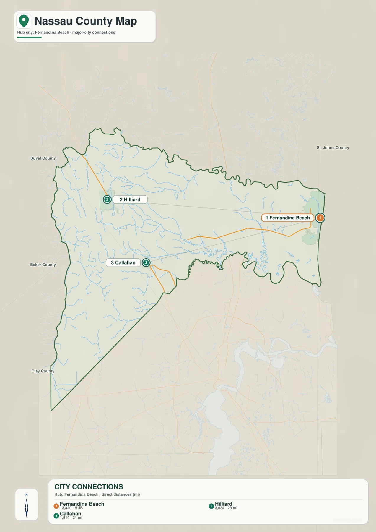 Nassau County city map showing Fernandina Beach, Hilliard, and Callahan