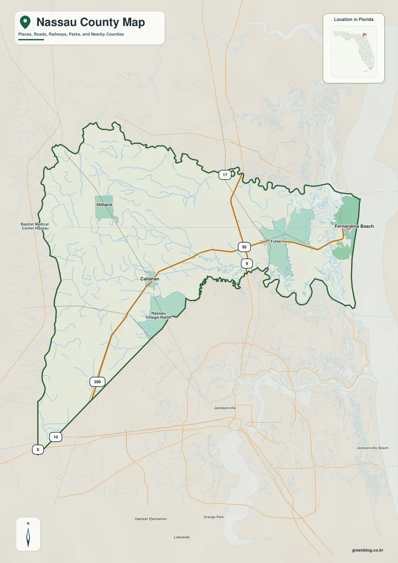 Nassau County Florida map showing Fernandina Beach, Yulee, Callahan, Hilliard, I-95, and major roads
